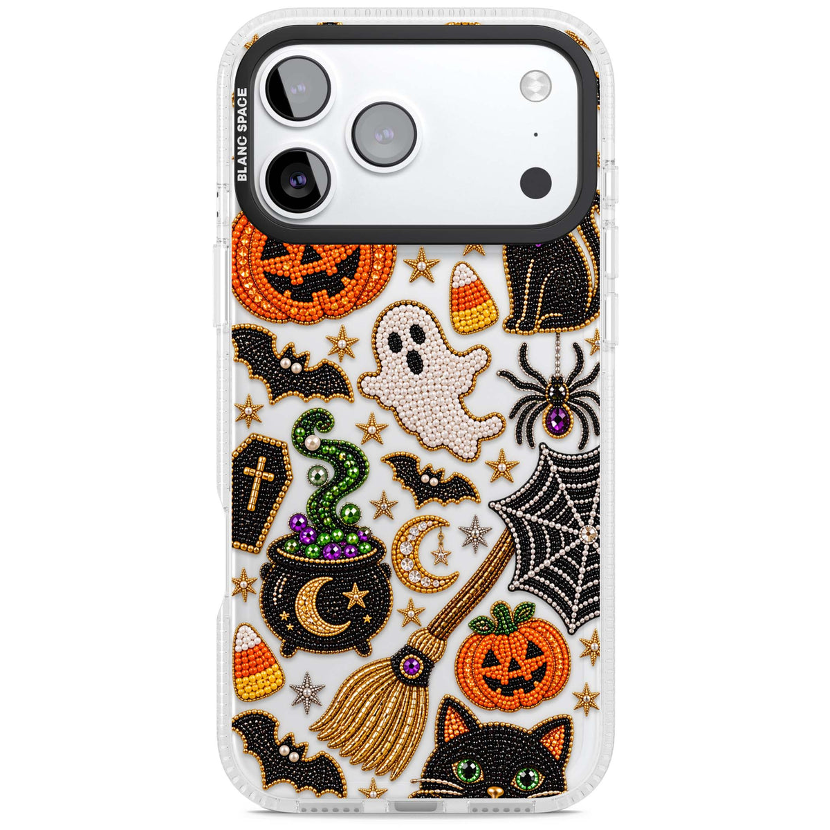 Beaded Halloween Halloween iPhone case featuring beaded pumpkins, ghosts, black cats and bats | Clear Case Impact Air case for iPhone 17 Pro, iPhone 17 Pro Max