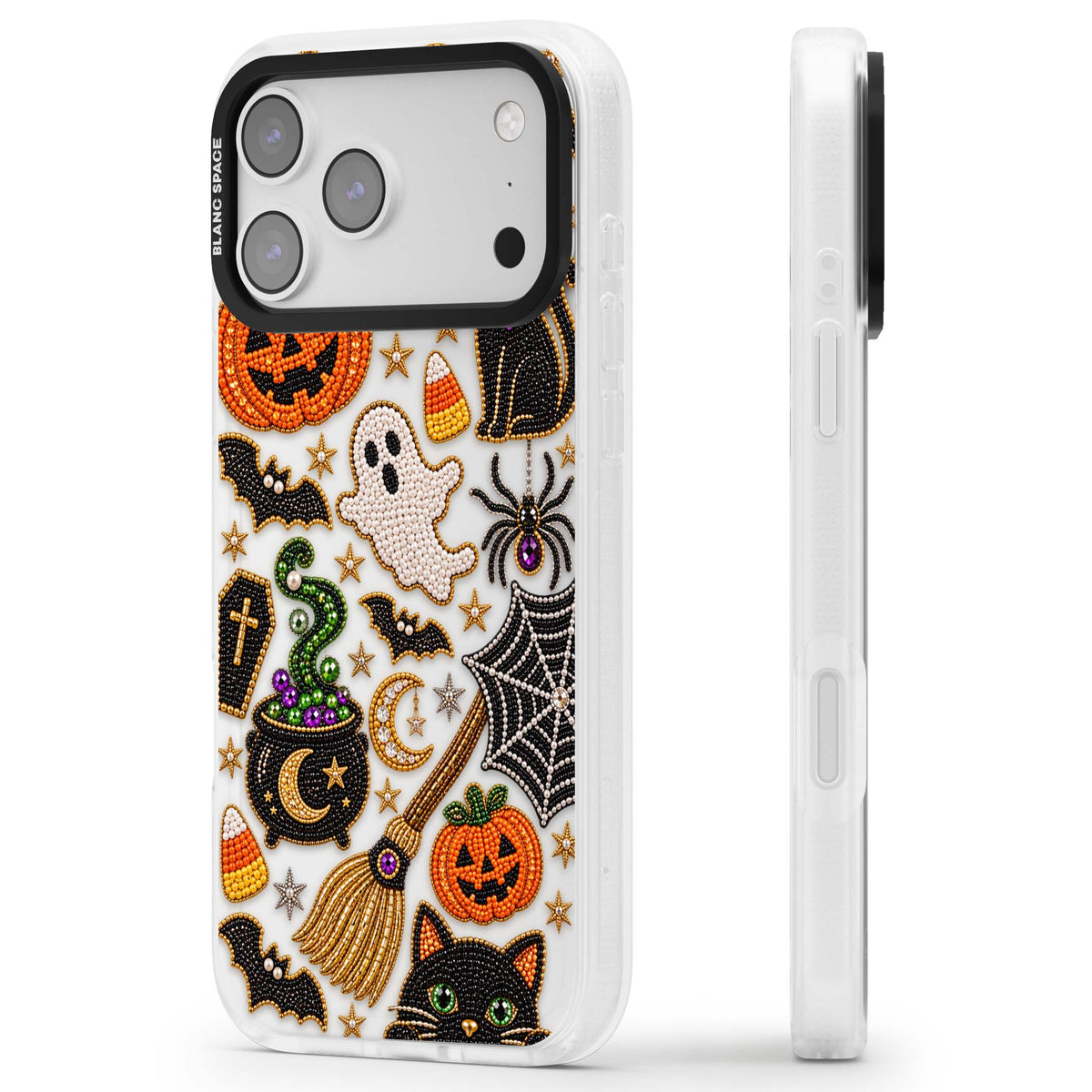 Beaded Halloween Halloween iPhone case featuring beaded pumpkins, ghosts, black cats and bats | Clear Case Impact Air case for iPhone 17 Pro, iPhone 17 Pro Max