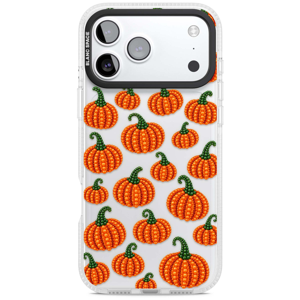 Beaded Pumpkins halloween iPhone case featuring beaded orange pumpkins with green stems on a clear background | Clear Case Impact Air case for iPhone 17 Pro, iPhone 17 Pro Max