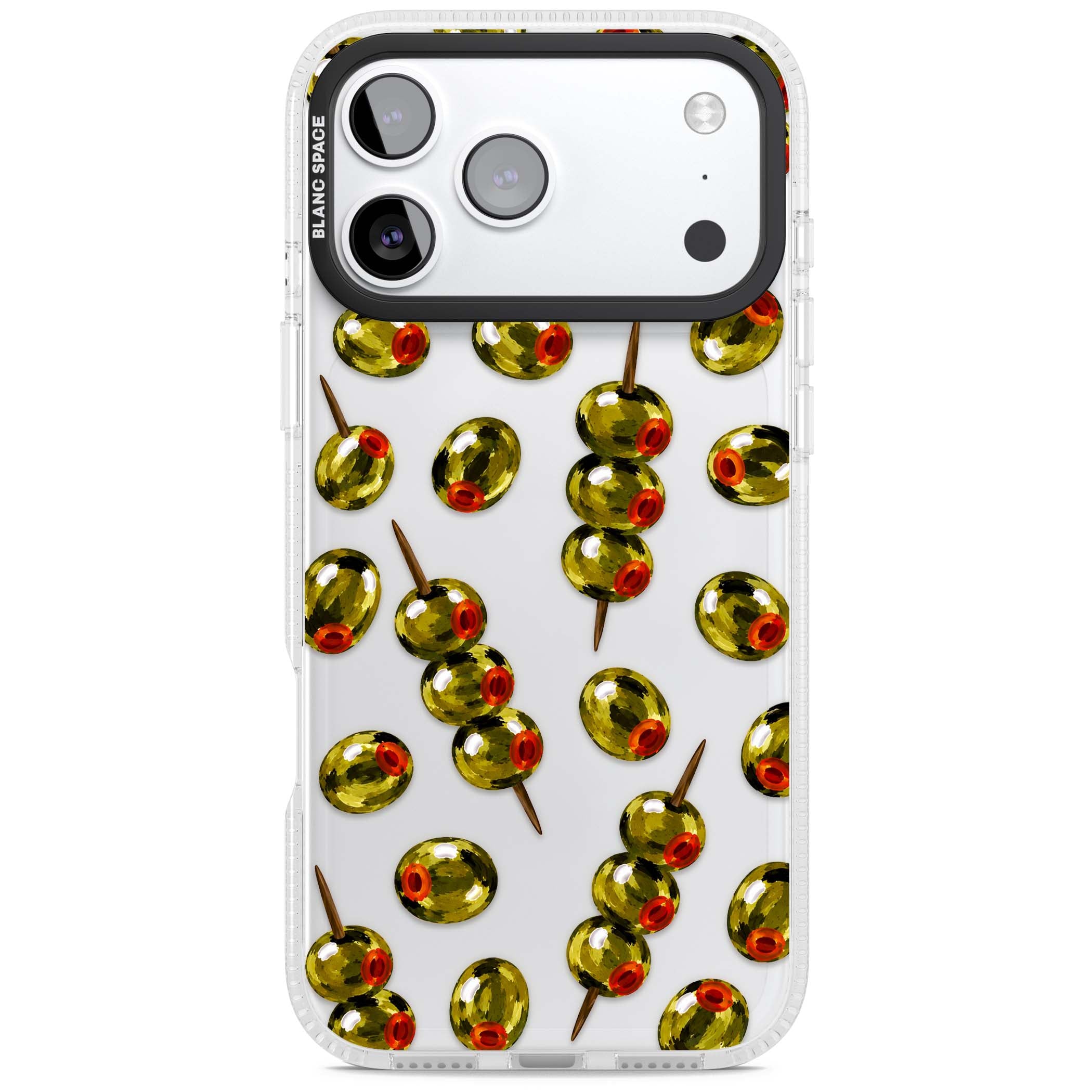 Painted Olives cocktail iPhone case featuring green olives, pimento centres and toothpick skewers on a clear background | Clear Case Impact Air case for iPhone 17 Pro, iPhone 17 Pro Max