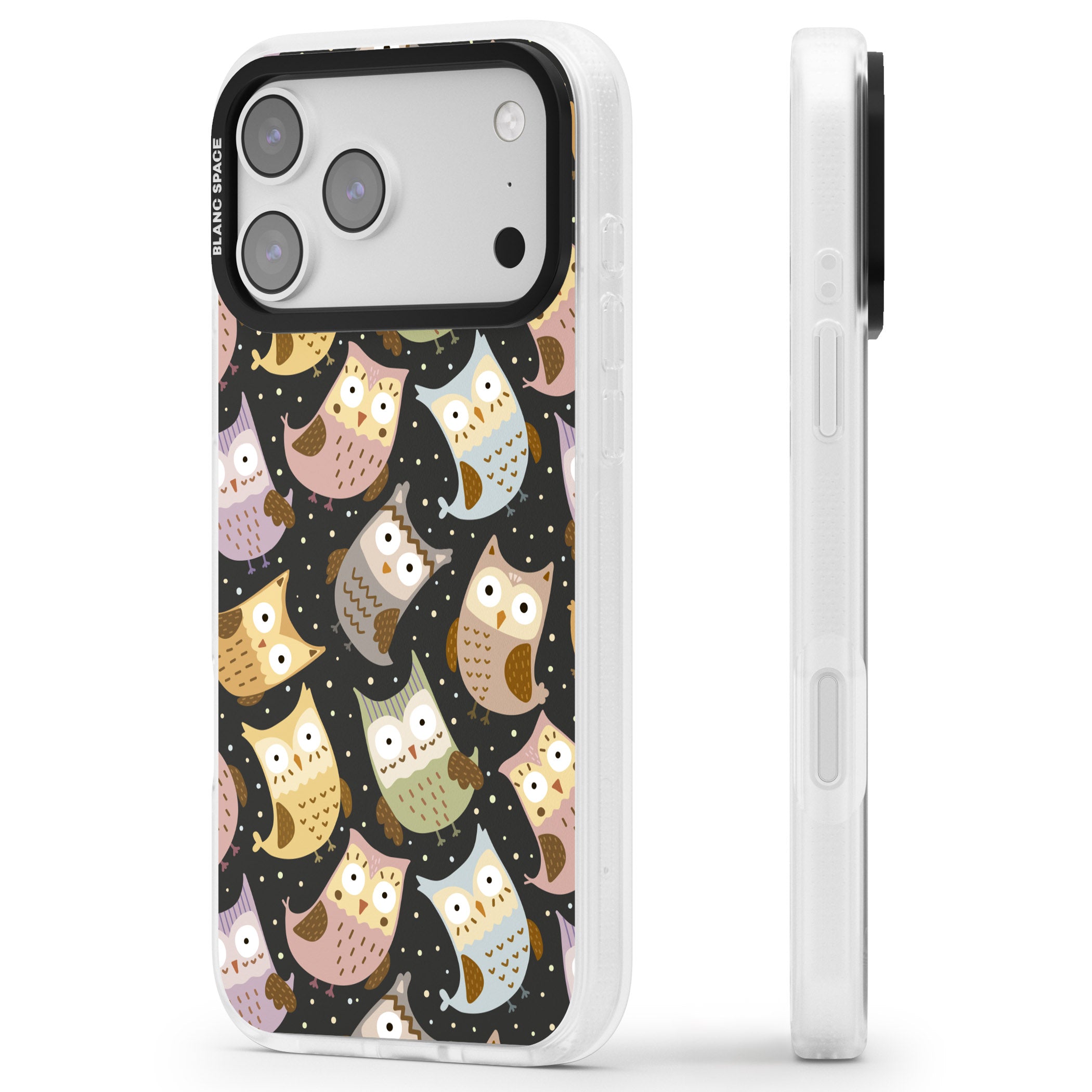 Cute Owl Pattern iPhone 17 Pro Impact Air Clear Phone Case Side Profile