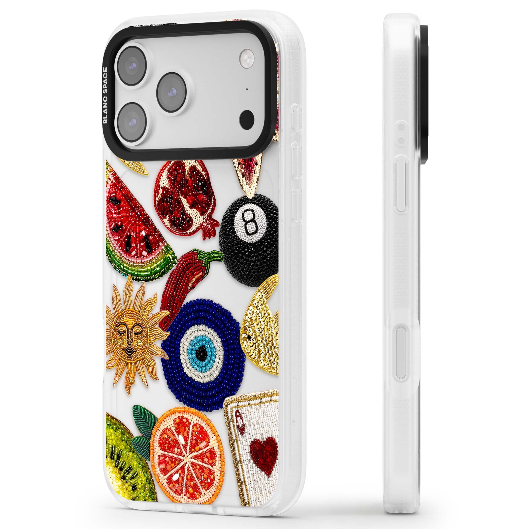 Beaded Charms embroidery iPhone case featuring beaded evil eye, fruit patches and a golden sun motif | Clear Case Impact Air case for iPhone 17 Pro, iPhone 17 Pro Max