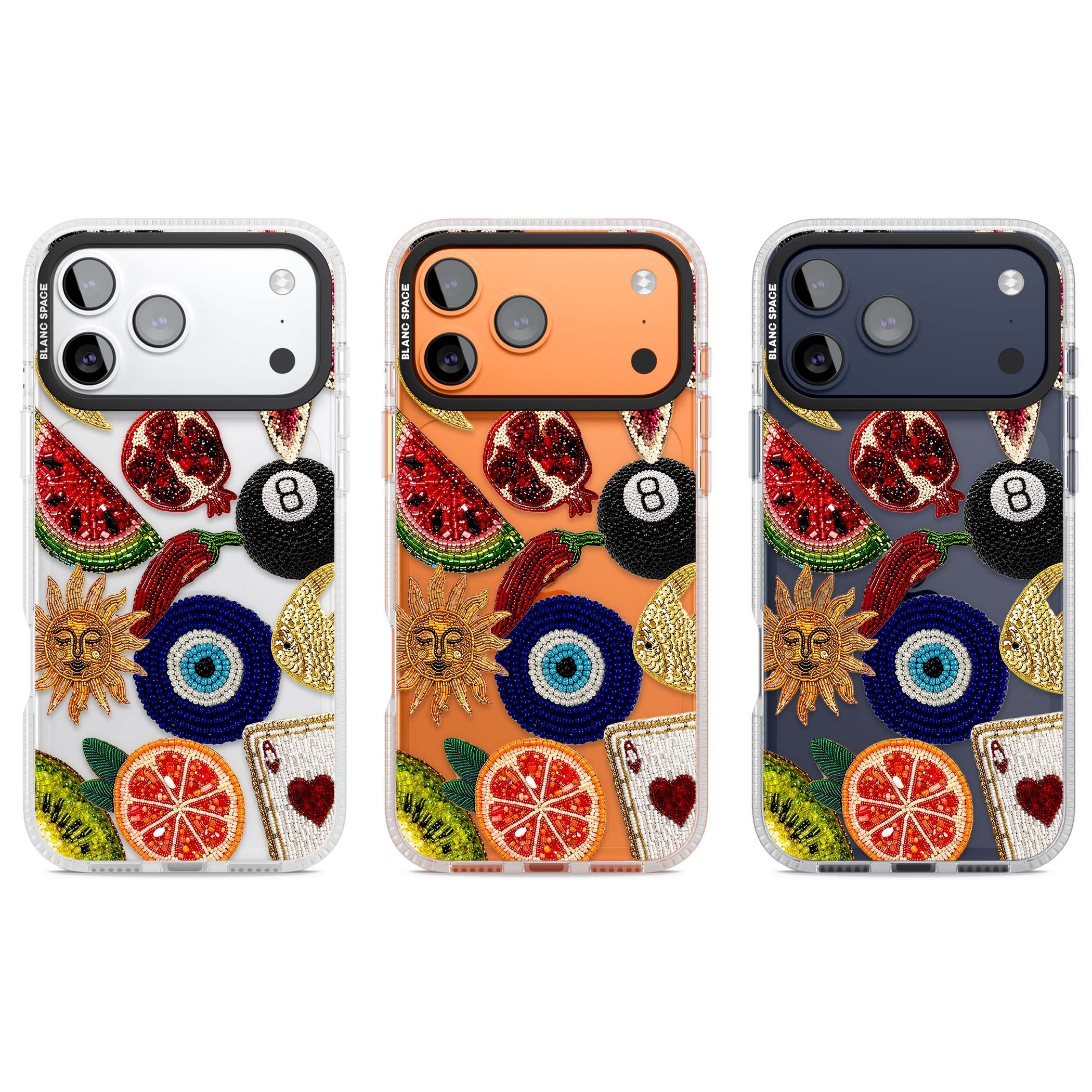 Beaded Charms embroidery iPhone case featuring beaded evil eye, fruit patches and a golden sun motif | Clear Case Impact Air case for iPhone 17 Pro, iPhone 17 Pro Max