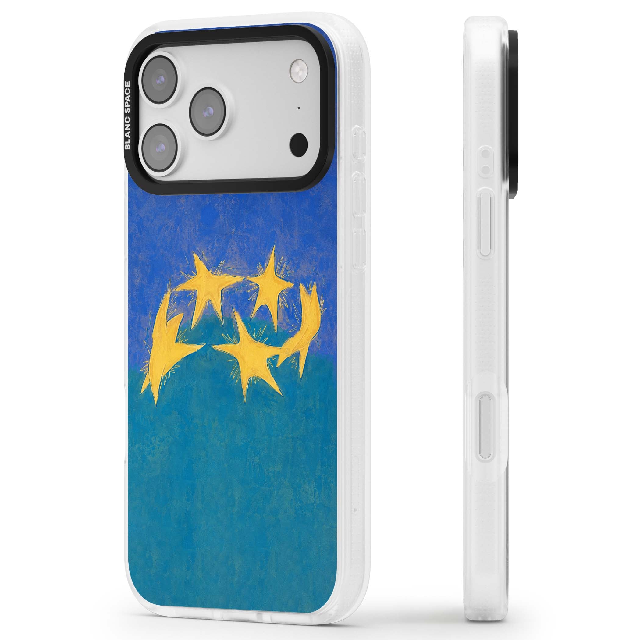 Star Boogie stars aesthetic iPhone case featuring five yellow hand-painted stars on cobalt blue and teal | Clear Case Impact Air case for iPhone 17 Pro, iPhone 17 Pro Max