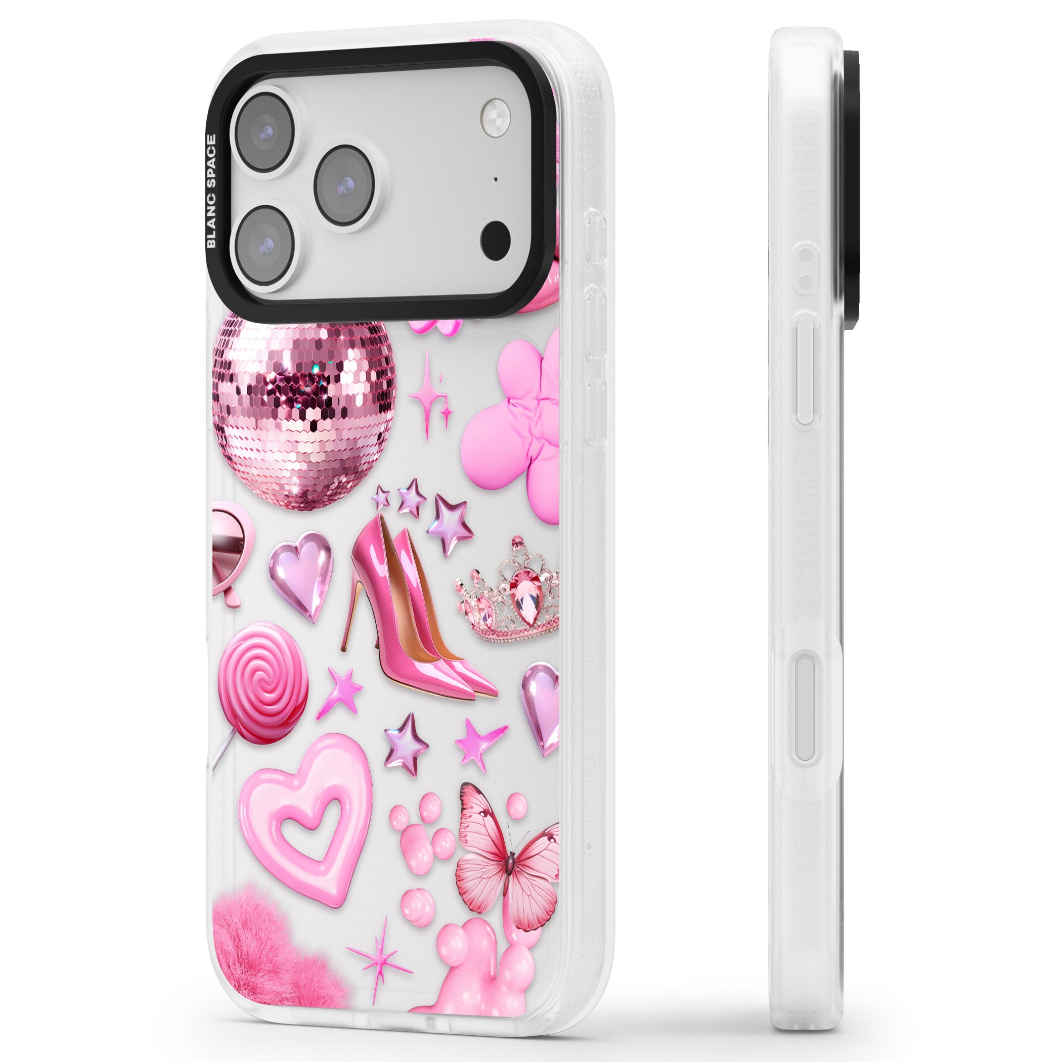 Pink Glam iPhone 17 Pro Impact Air Clear Phone Case Side Profile