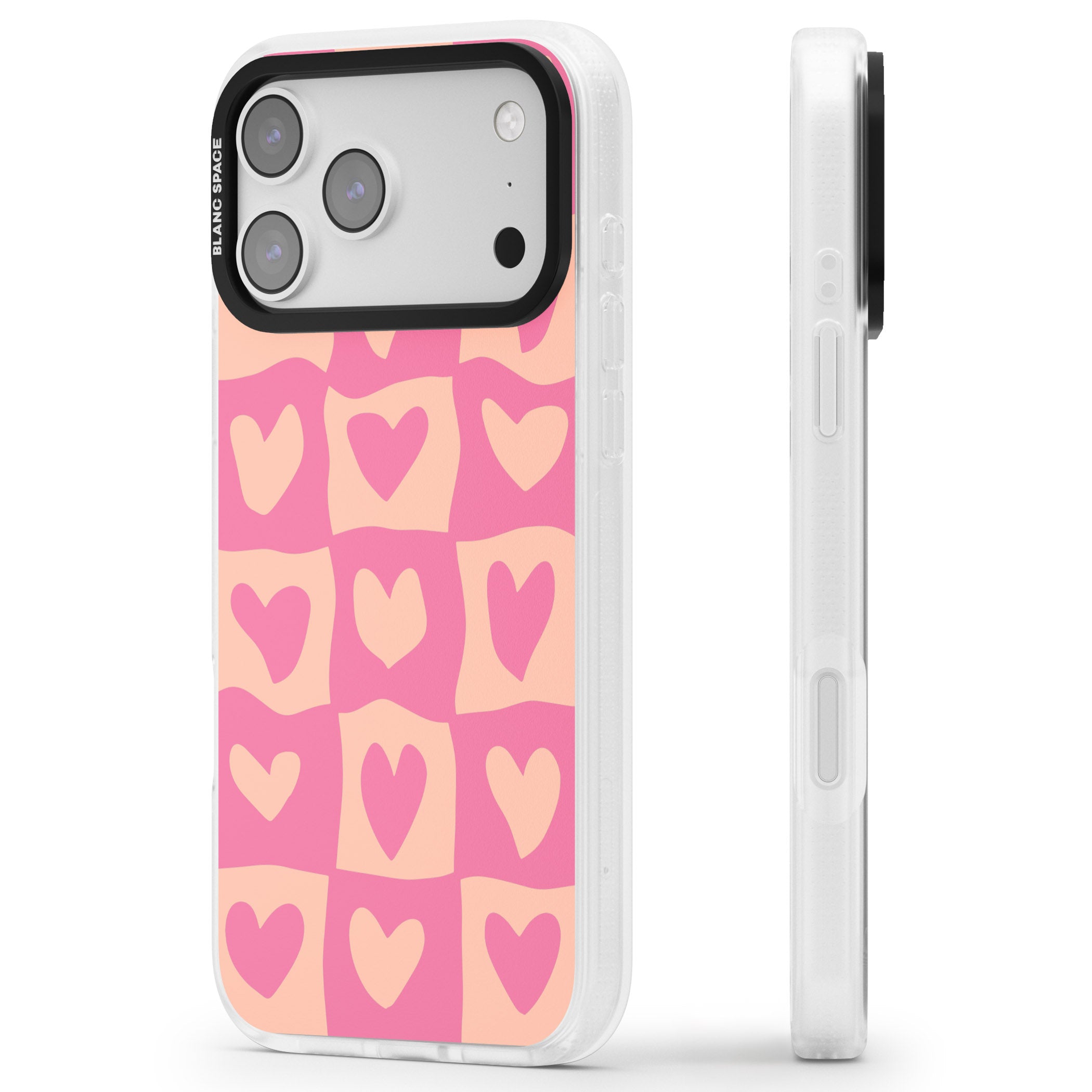 Pink Wavy Checked Hearts iPhone 17 Pro Impact Air Clear Phone Case Side Profile