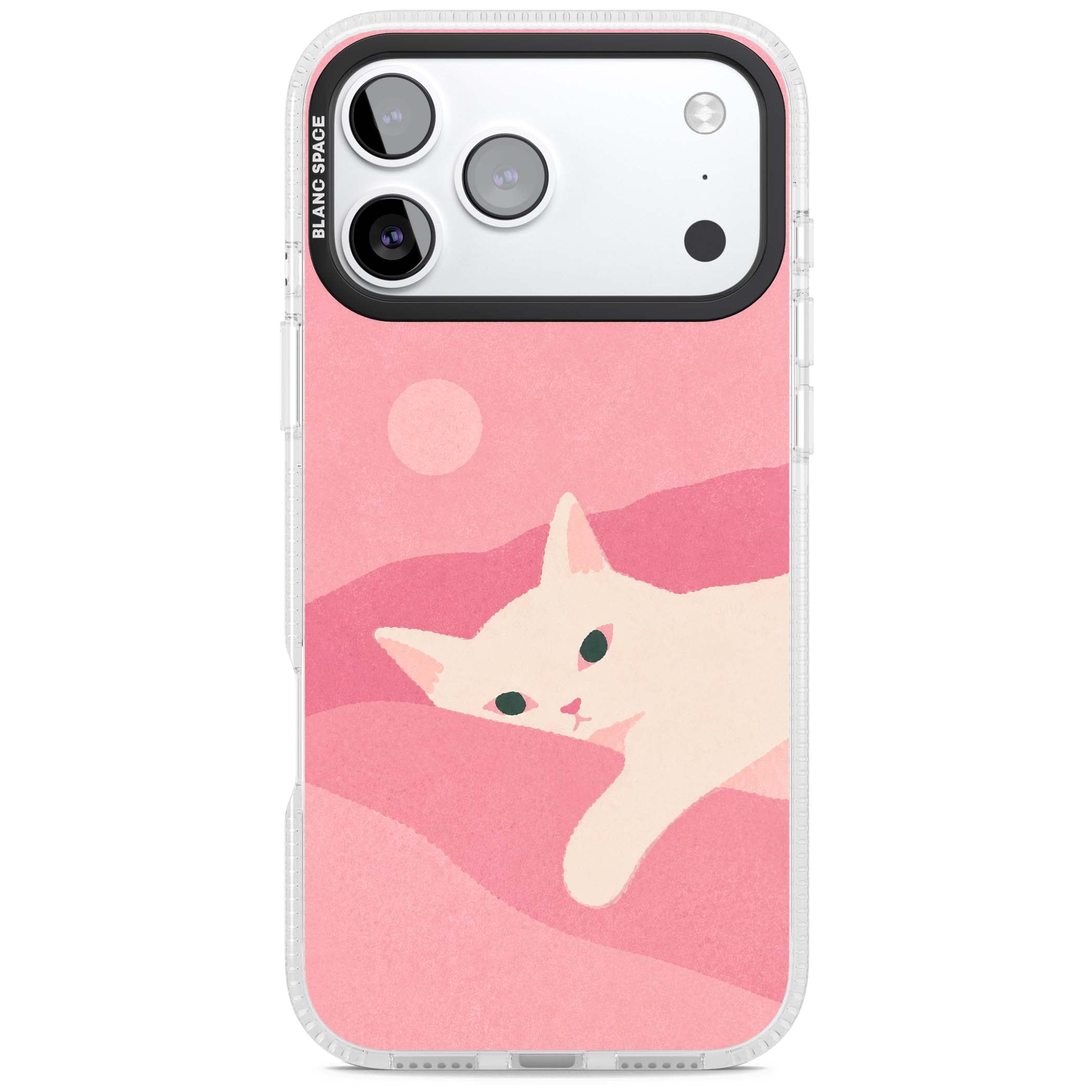 Pink Dreams cute cat iPhone case featuring a white kitten, soft pink hills and a pale pastel sun | Clear Case Impact Air case for iPhone 17 Pro, iPhone 17 Pro Max