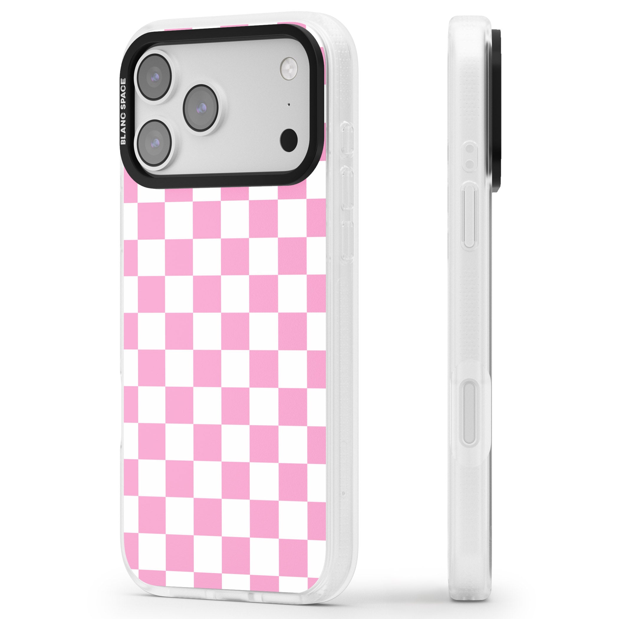 Pink Checkered iPhone 17 Pro Impact Air Clear Phone Case Side Profile