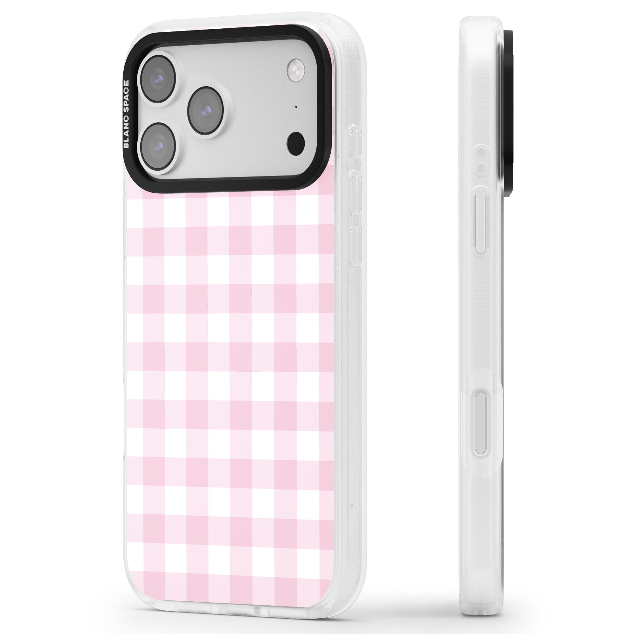 Pink Gingham Pattern iPhone 17 Pro Impact Air Clear Phone Case Side Profile