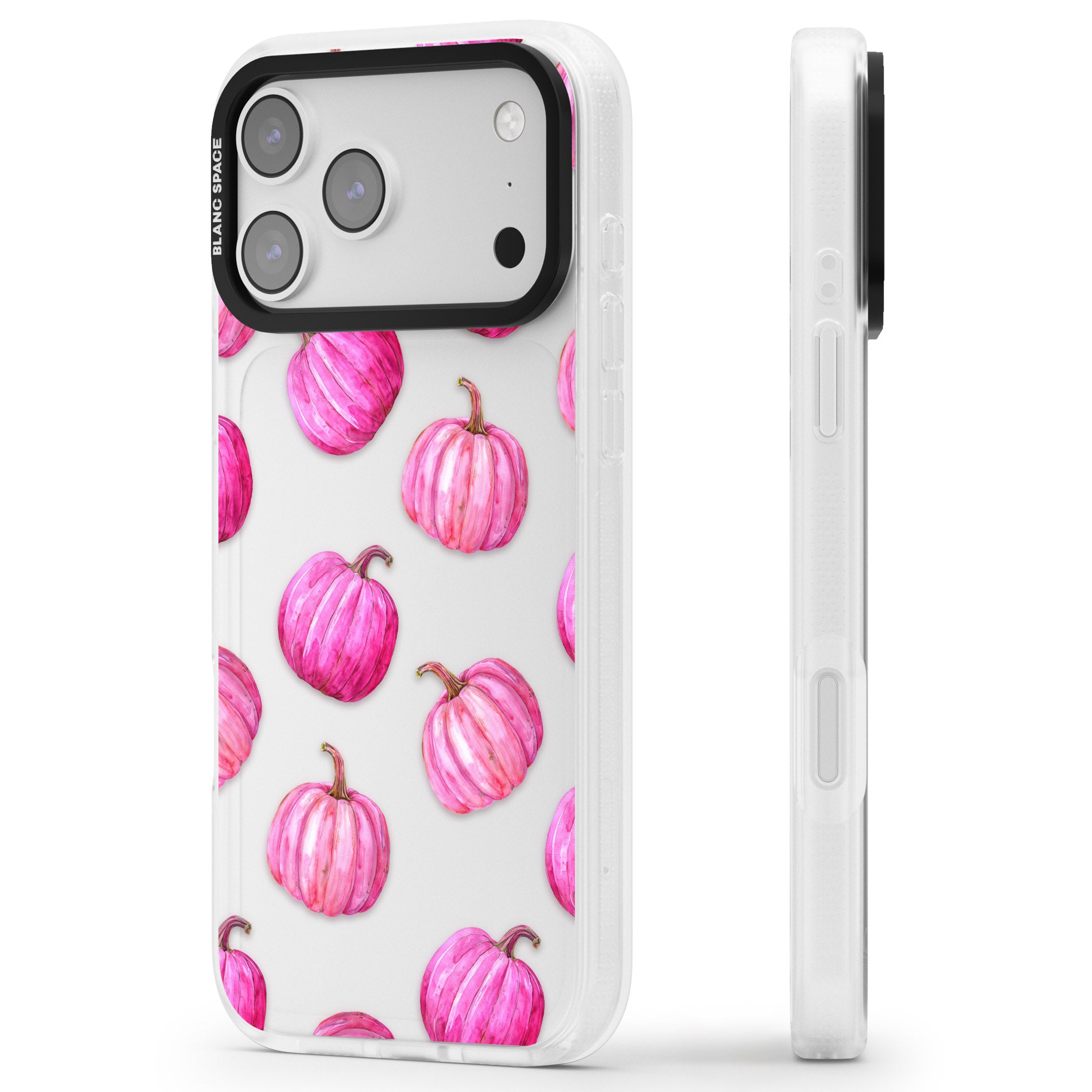 Pink Pumpkins iPhone 17 Pro Impact Air Clear Phone Case Side Profile