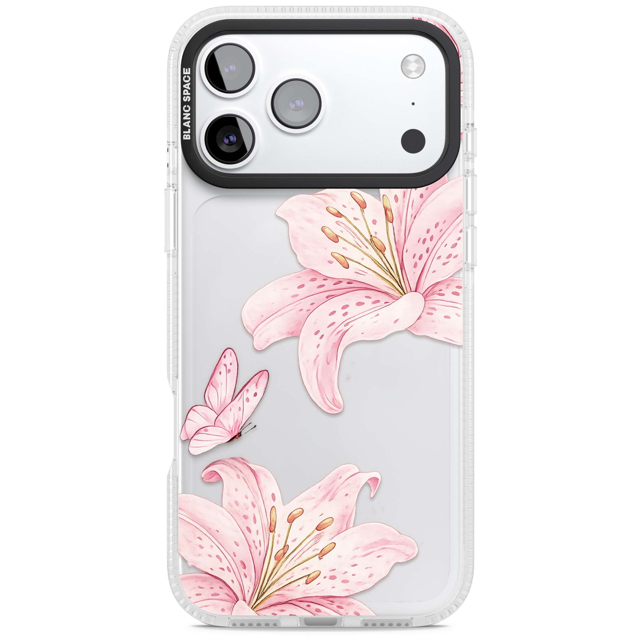 Lily Whisper floral iPhone case featuring pink watercolour lilies and delicate butterflies on a clear background | Clear Case Impact Air case for iPhone 17 Pro, iPhone 17 Pro Max