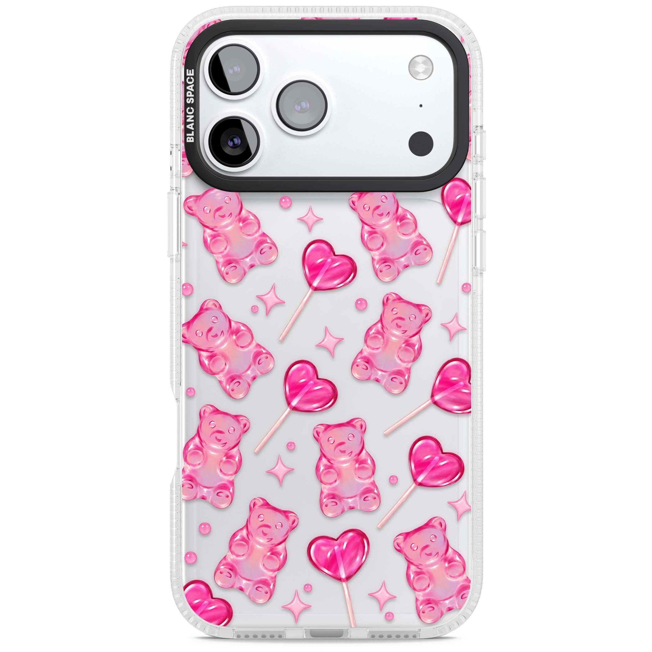 Pink Sugar pinkcore iPhone case featuring pink gummy bears, heart-shaped lollipops and sparkle stars | Clear Case Impact Air case for iPhone 17 Pro, iPhone 17 Pro Max