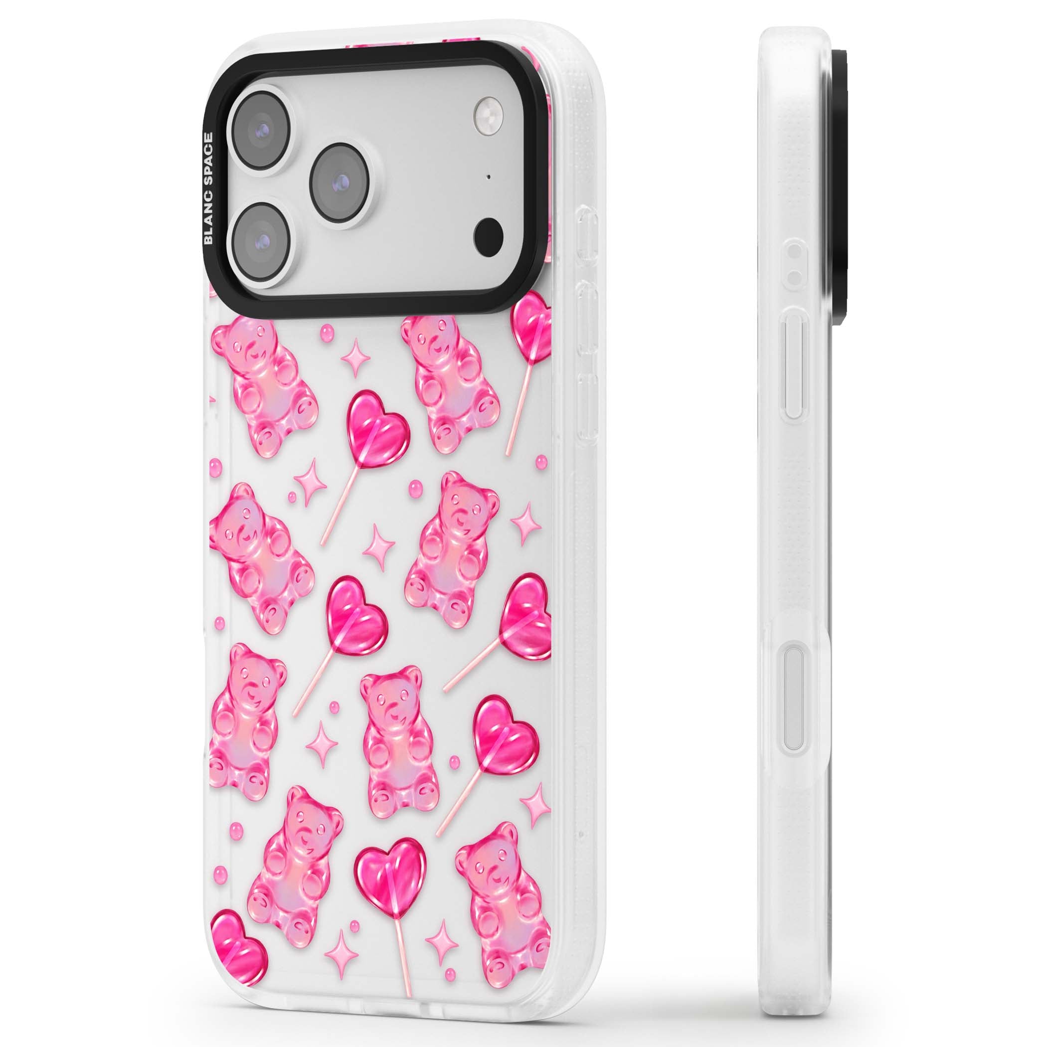 Pink Sugar pinkcore iPhone case featuring pink gummy bears, heart-shaped lollipops and sparkle stars | Clear Case Impact Air case for iPhone 17 Pro, iPhone 17 Pro Max