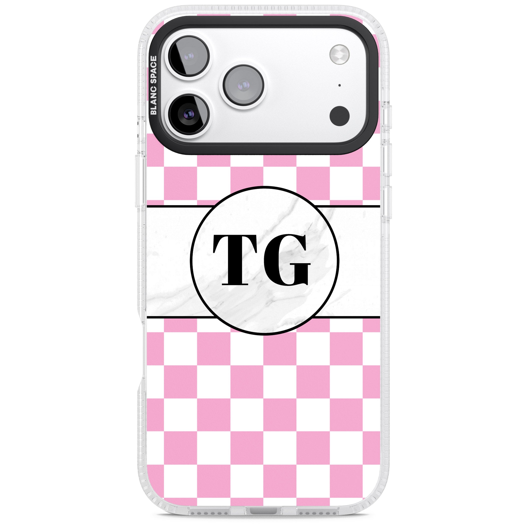 Personalised Monogrammed Pink Check iPhone 17 Pro Impact Air Clear Phone Case
