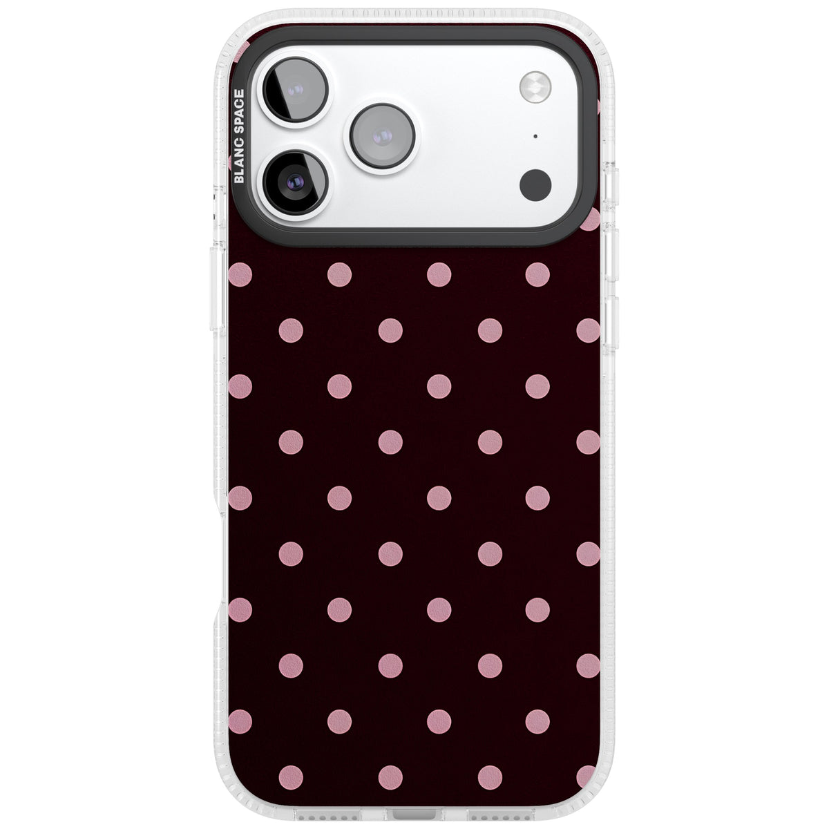 Merlot Dots polka dot iPhone case featuring dusty pink spots on a deep burgundy background in a retro grid iPhone 17 Pro Max Impact Air Phone Case front