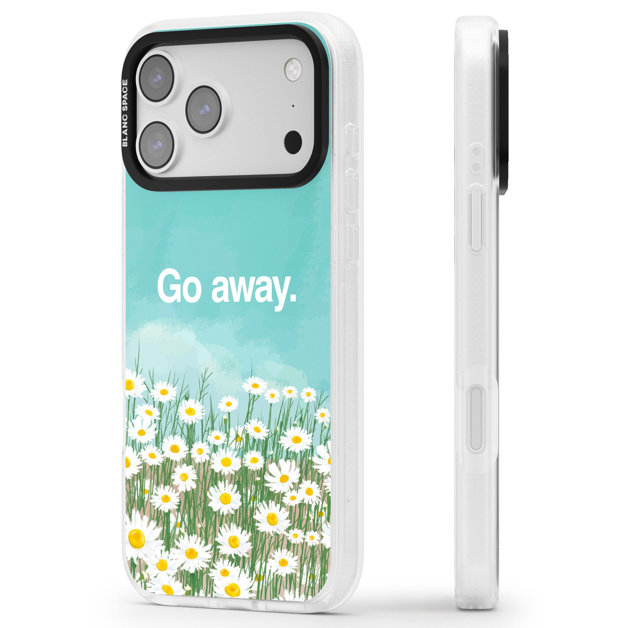 Go Away iPhone 17 Pro Impact Air Clear Phone Case Side Profile