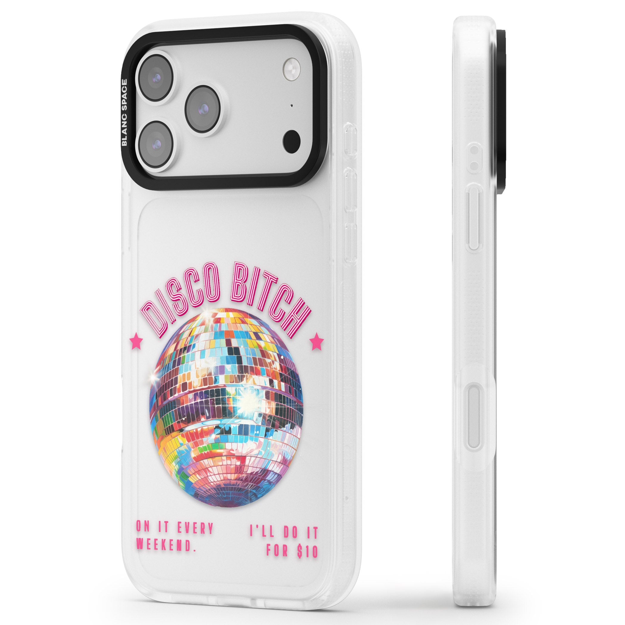 Disco B Tch iPhone 17 Pro Impact Air Clear Phone Case Side Profile
