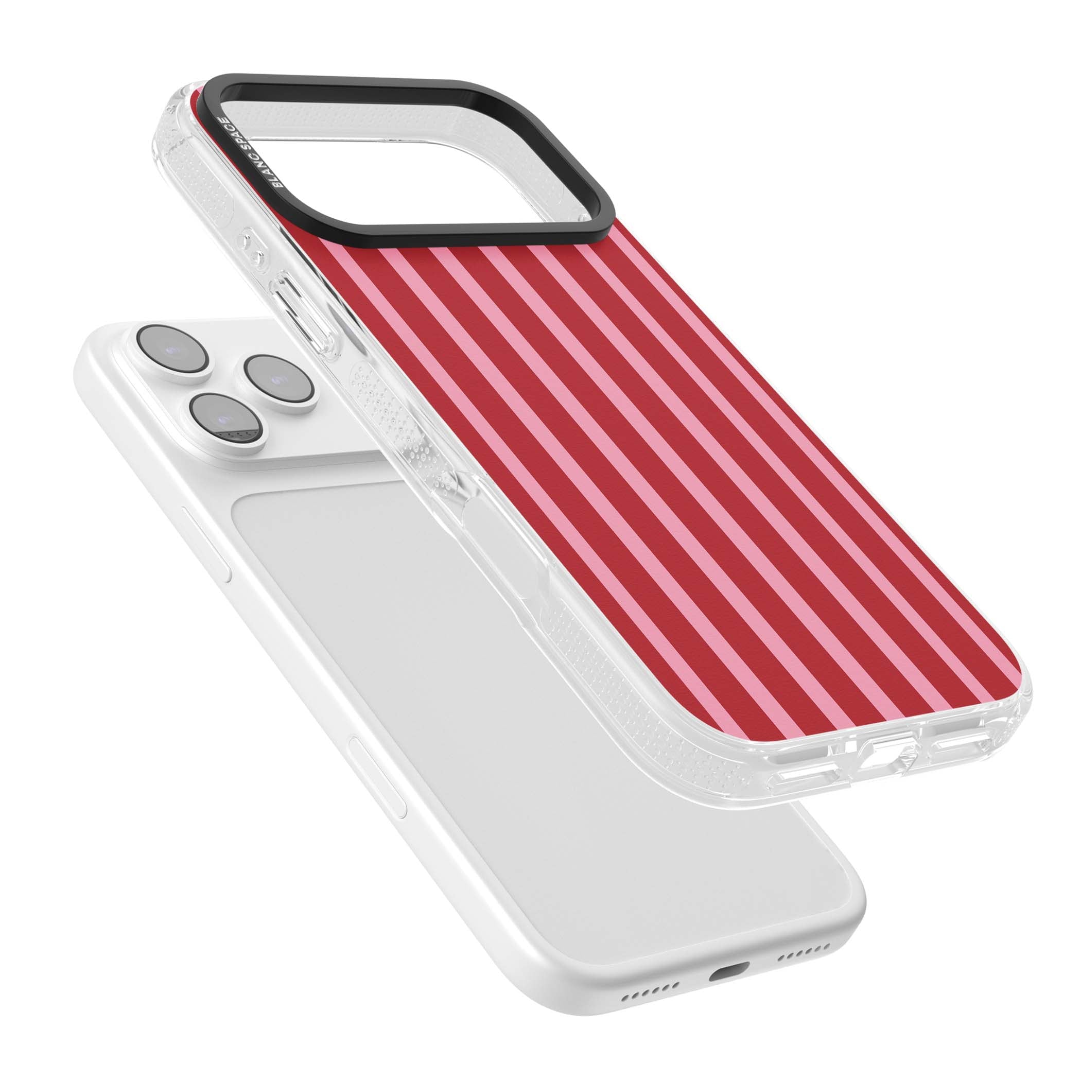 Raspberry Stripe coquette iPhone case featuring red and pink vertical stripes in a candy-inspired pattern | Clear Case Impact Air case for iPhone 17 Pro, iPhone 17 Pro Max