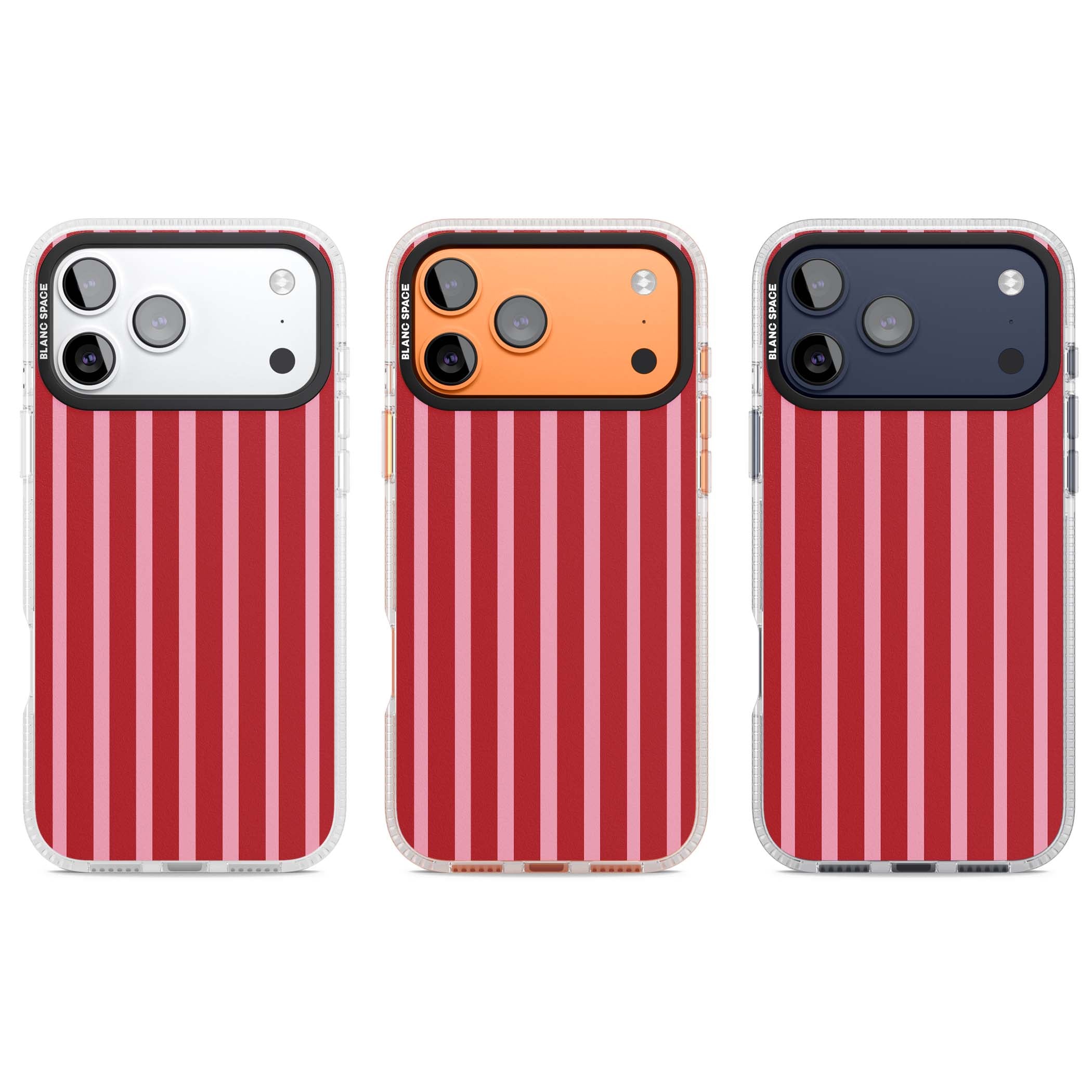 Raspberry Stripe coquette iPhone case featuring red and pink vertical stripes in a candy-inspired pattern | Clear Case Impact Air case for iPhone 17 Pro, iPhone 17 Pro Max
