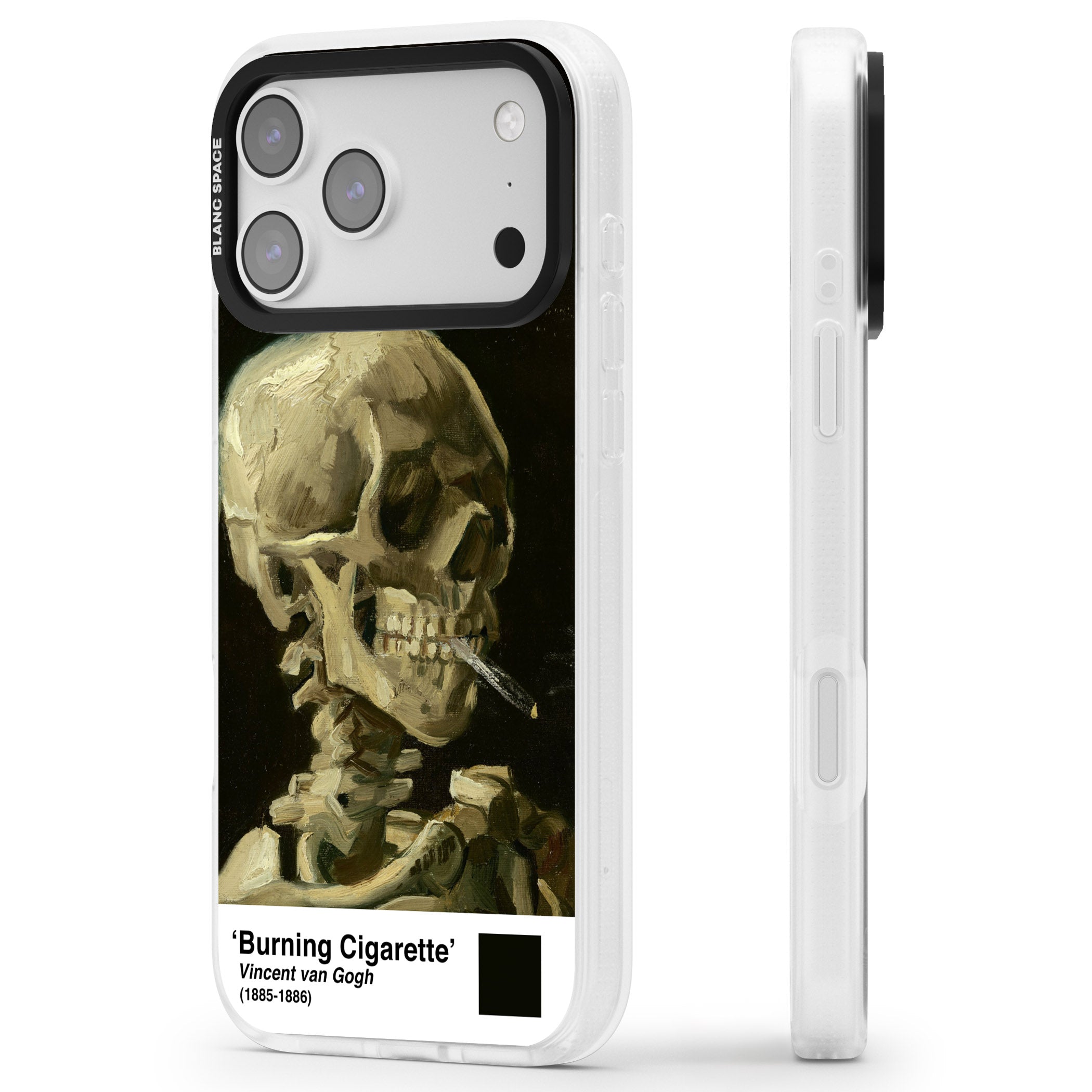 Skull Of A Skeleton With Burning Cigarette iPhone 17 Pro Impact Air Clear Phone Case Side Profile