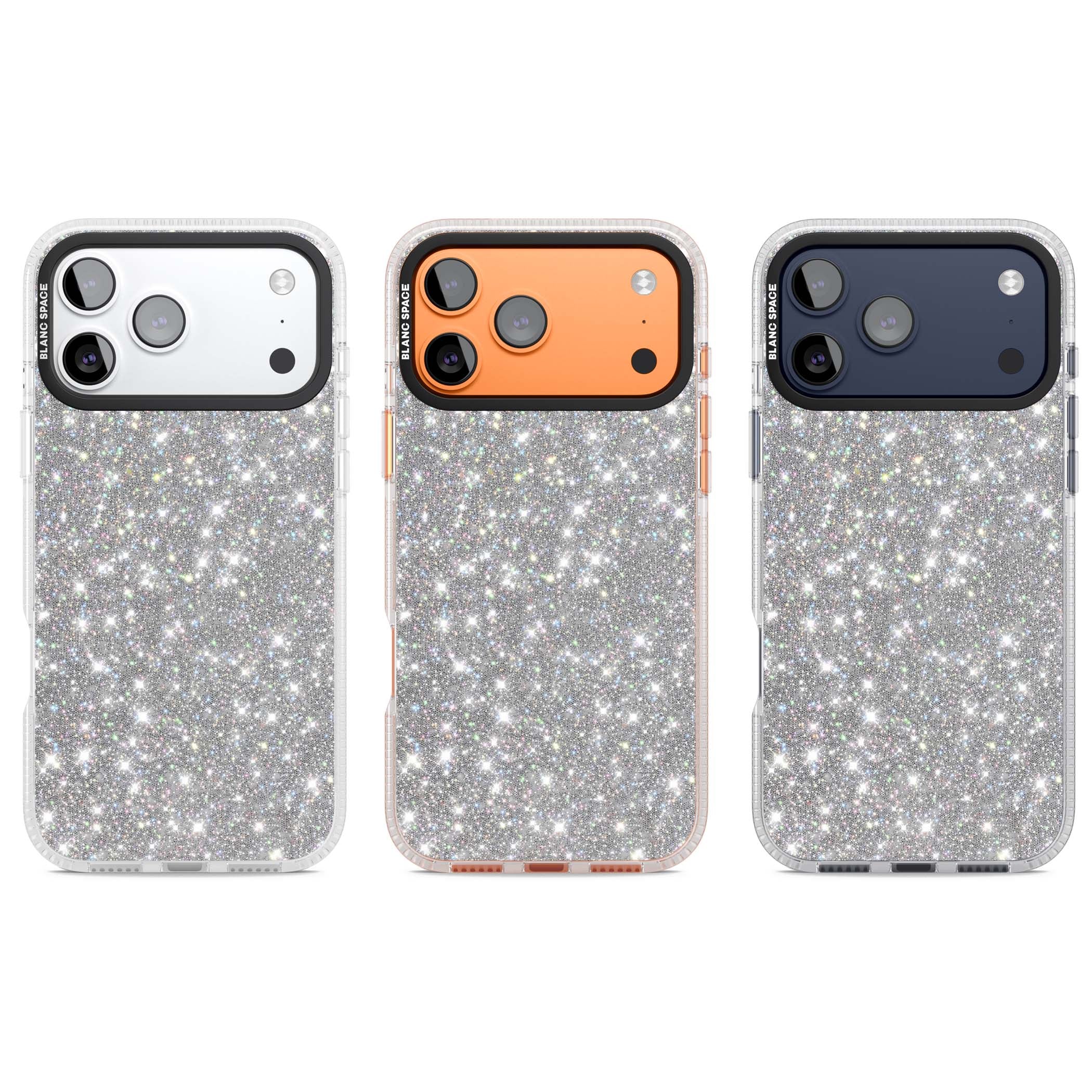 Diamond glam iPhone case featuring silver glitter sparkle and shimmering diamond dust effect | Clear Case Impact Air case for iPhone 17 Pro, iPhone 17 Pro Max