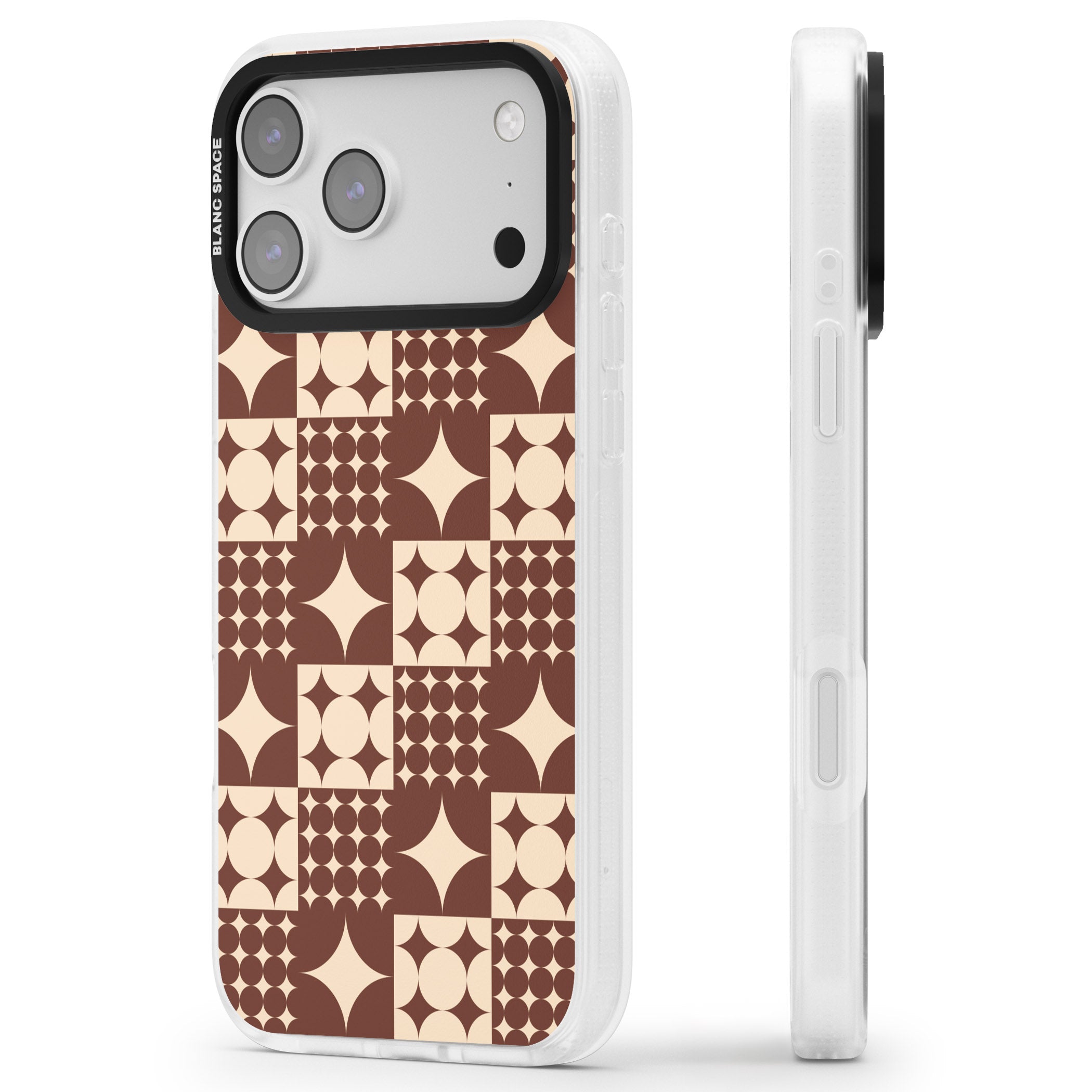 Mid Century Brown Checked iPhone 17 Pro Impact Air Clear Phone Case Side Profile