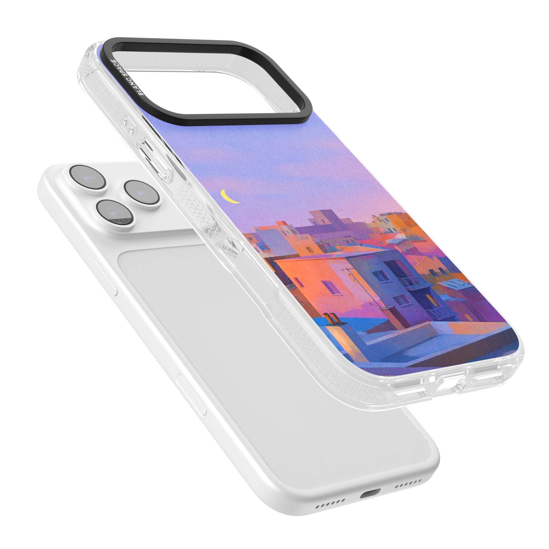 Twilight Rooftops vaporwave iPhone case featuring a pastel sunset cityscape, painted rooftops and a crescent moon. | Clear Case Impact Air case for iPhone 17 Pro, iPhone 17 Pro Max