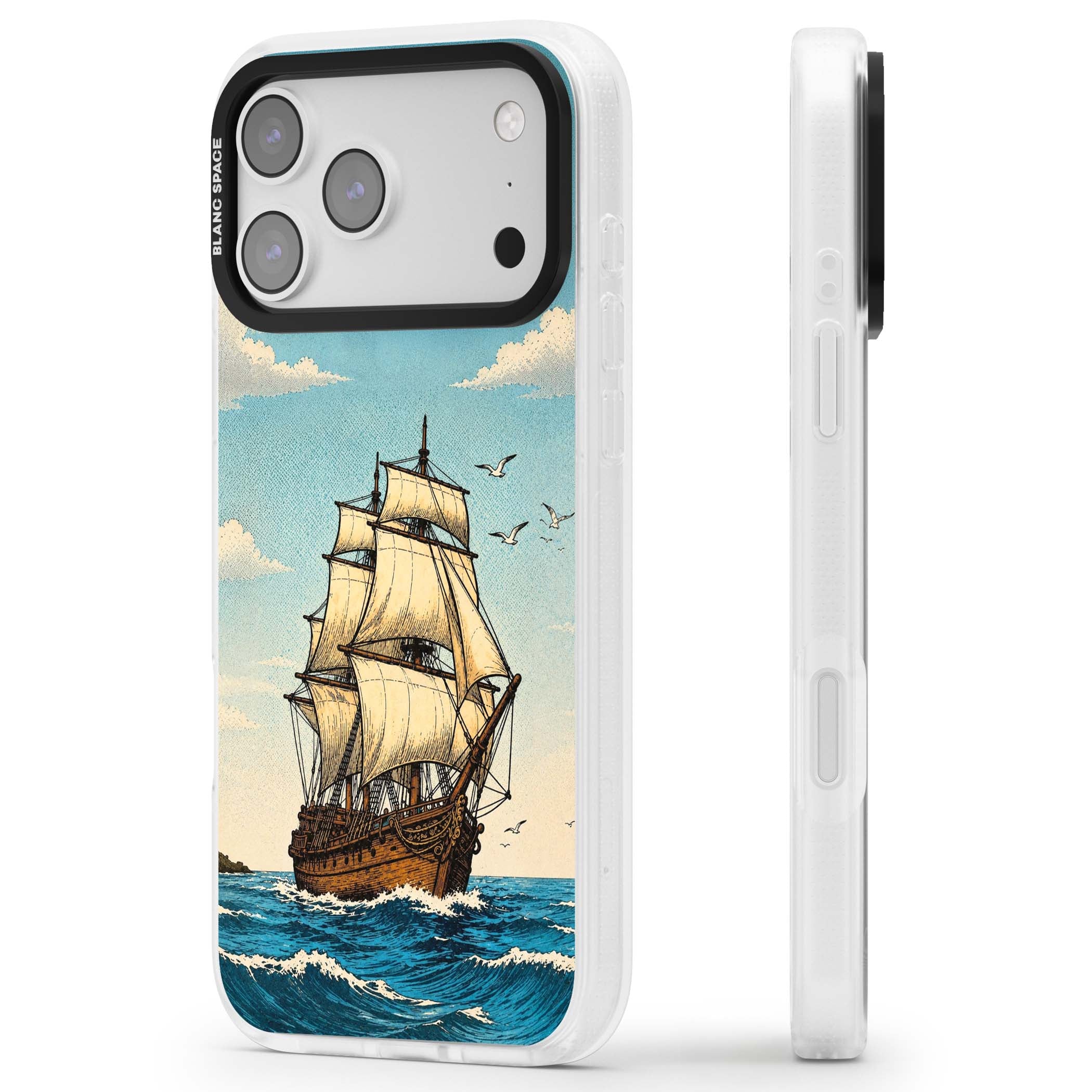 Ship at Sea nautical iPhone case featuring a vintage tall ship, ocean waves and seagulls | Clear Case Impact Air case for iPhone 17 Pro, iPhone 17 Pro Max