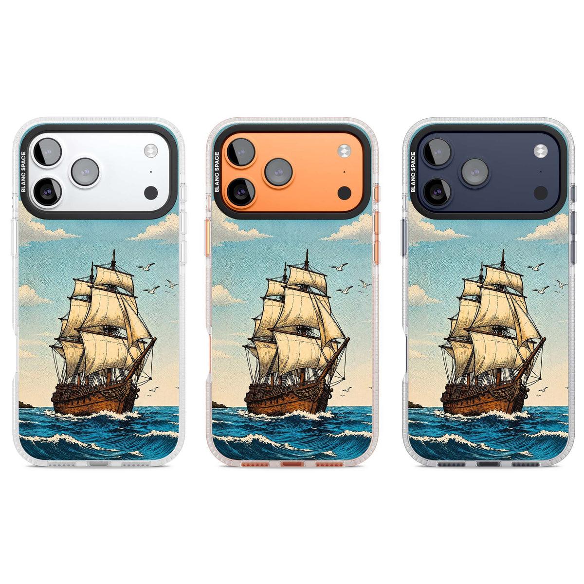 Ship at Sea nautical iPhone case featuring a vintage tall ship, ocean waves and seagulls | Clear Case Impact Air case for iPhone 17 Pro, iPhone 17 Pro Max