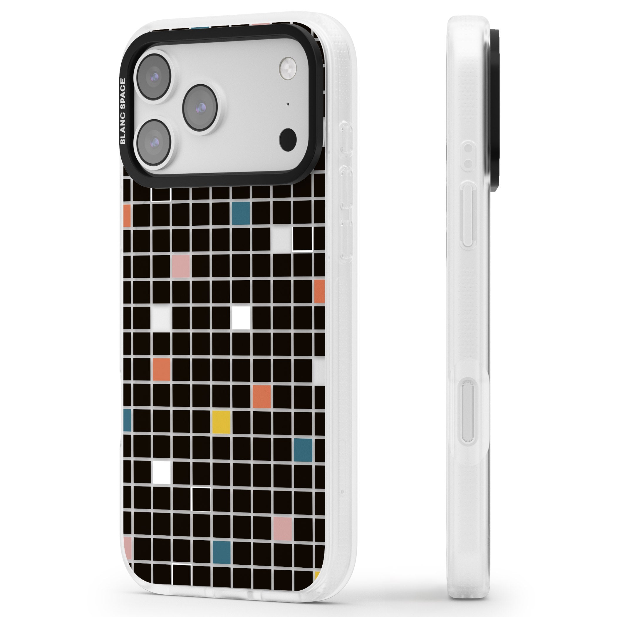 Earthtone Black Geometric Grid iPhone 17 Pro Impact Air Clear Phone Case Side Profile