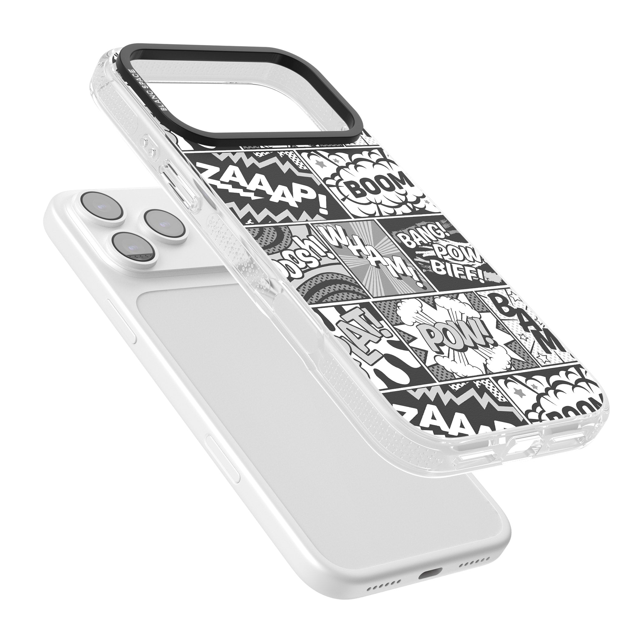 Onomatopoeia (Black & White) iPhone 17 Pro Impact Air Clear Phone Case Colours