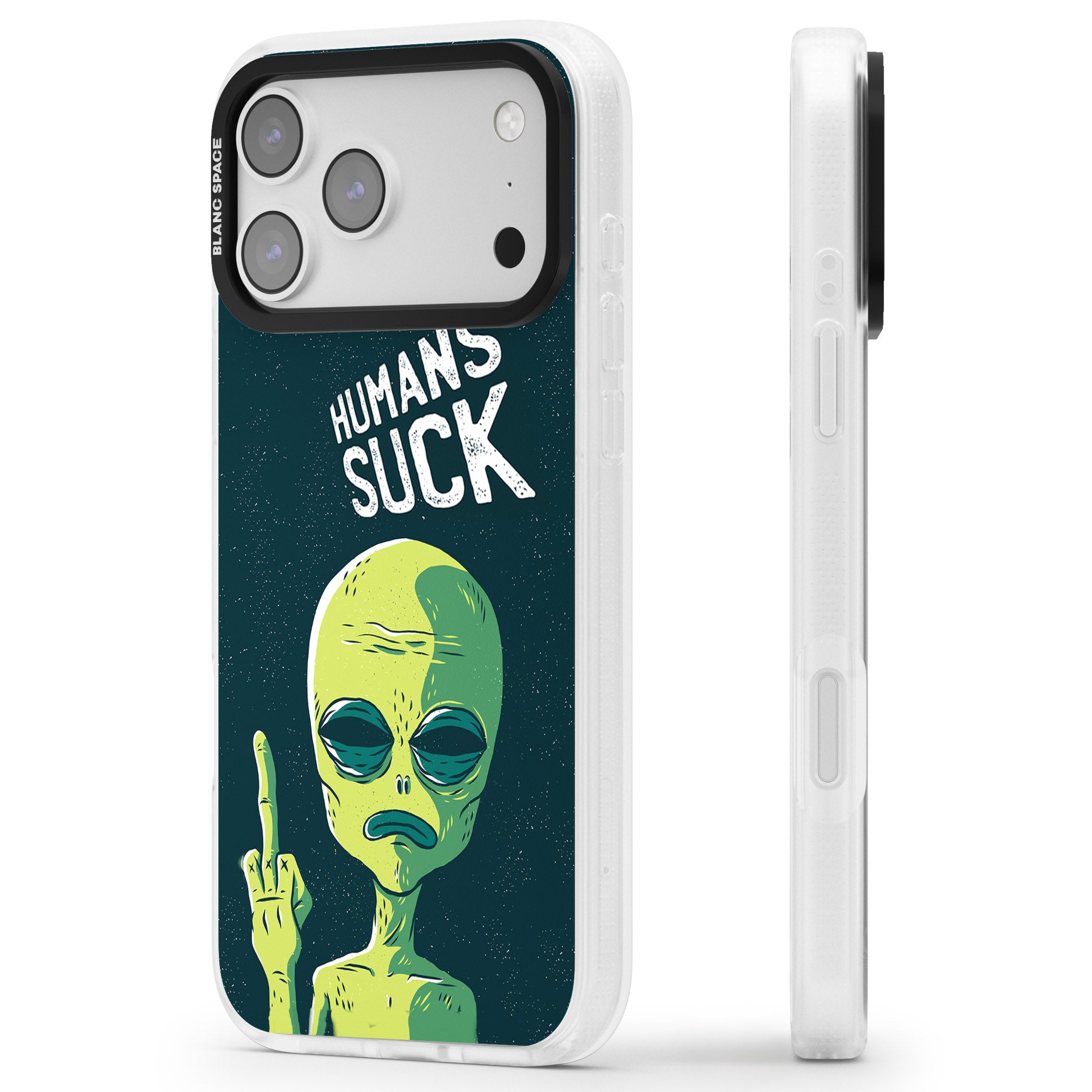 Humans Suck Alien iPhone 17 Pro Impact Air Clear Phone Case Side Profile