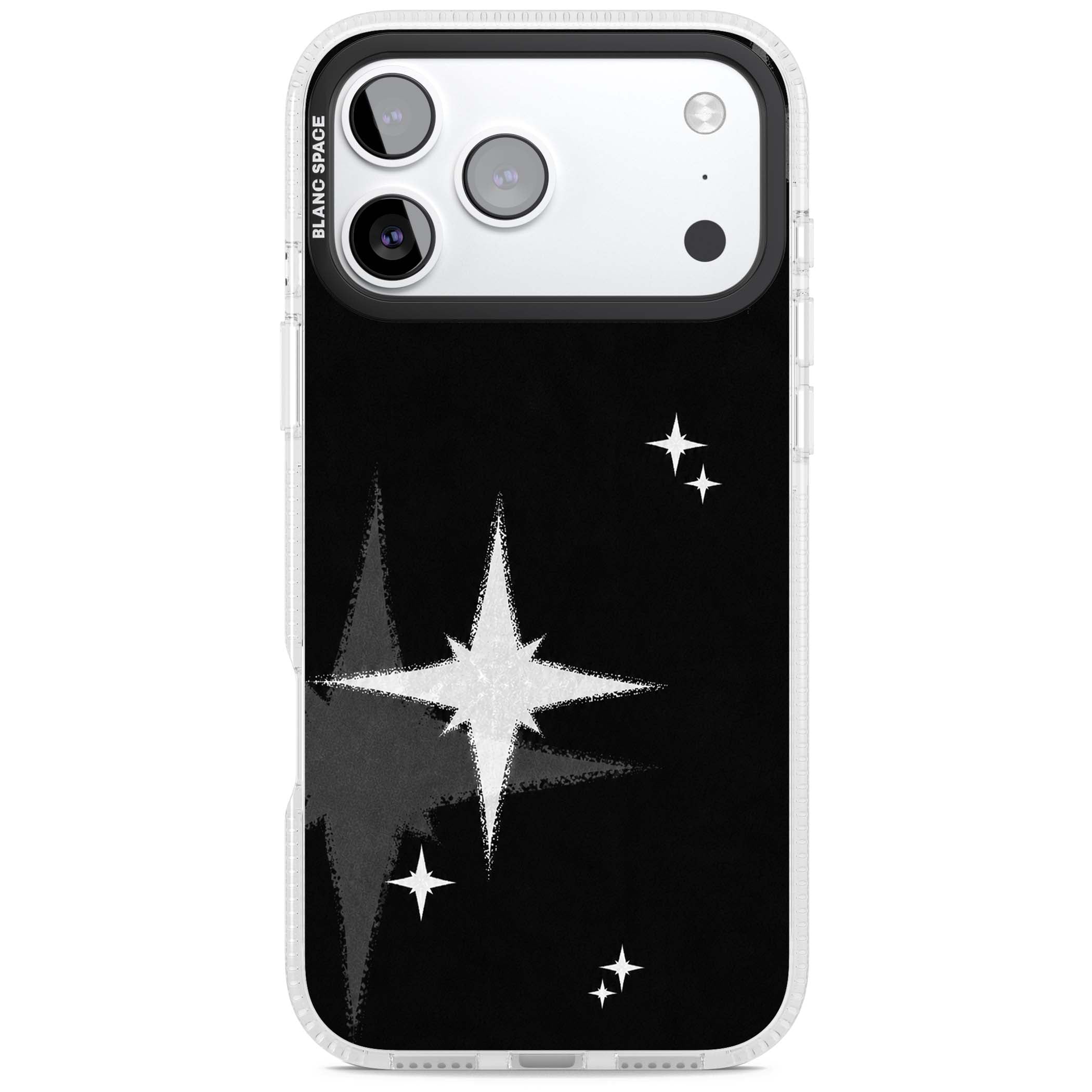 Black Sparkle celestial iPhone case featuring white sparkle stars on a black night sky background | Clear Case Impact Air case for iPhone 17 Pro, iPhone 17 Pro Max