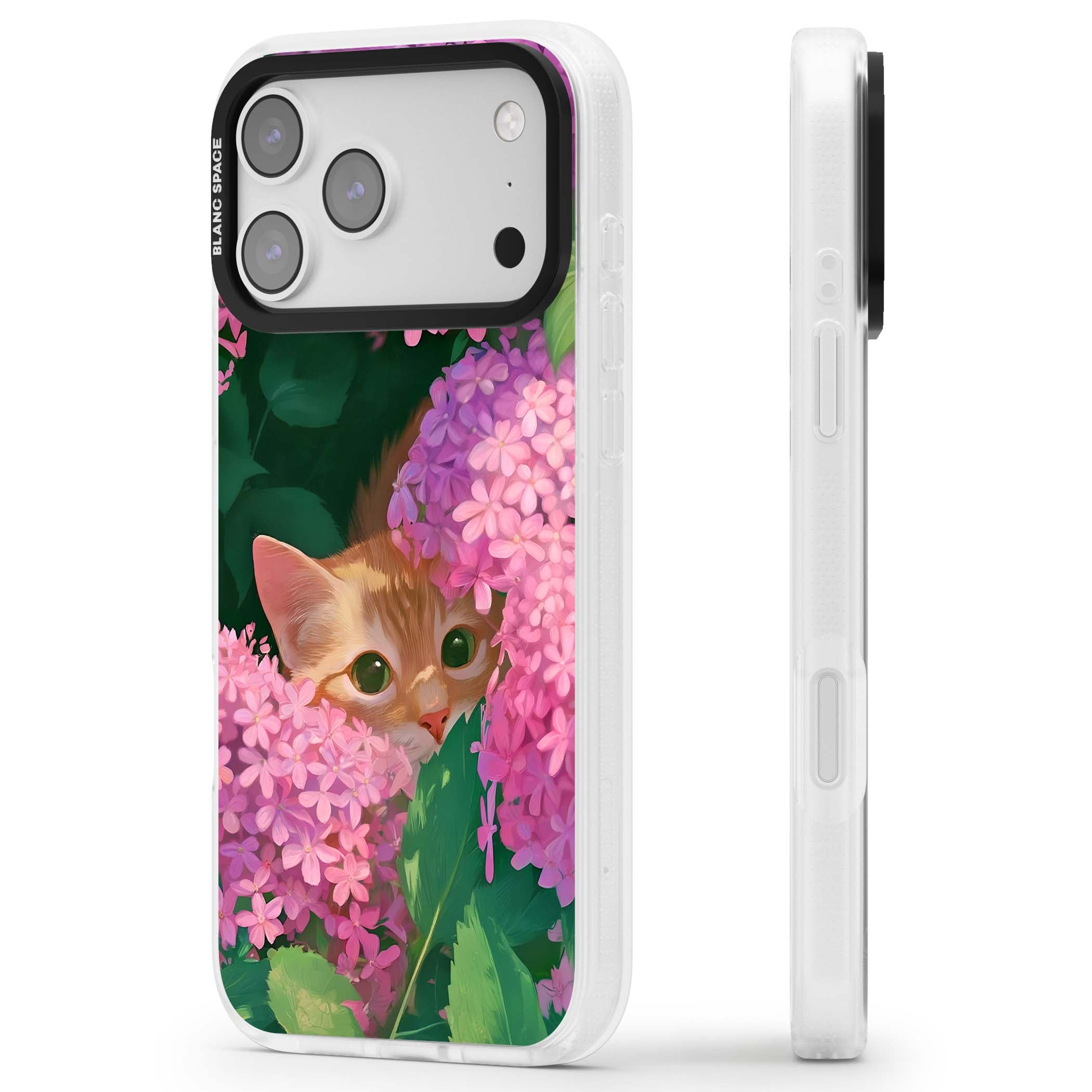 Cat In Pink Flowers cottagecore iPhone case featuring a ginger kitten peeking through lilac and pink hydrangea flo | Clear Case Impact Air case for iPhone 17 Pro, iPhone 17 Pro Max