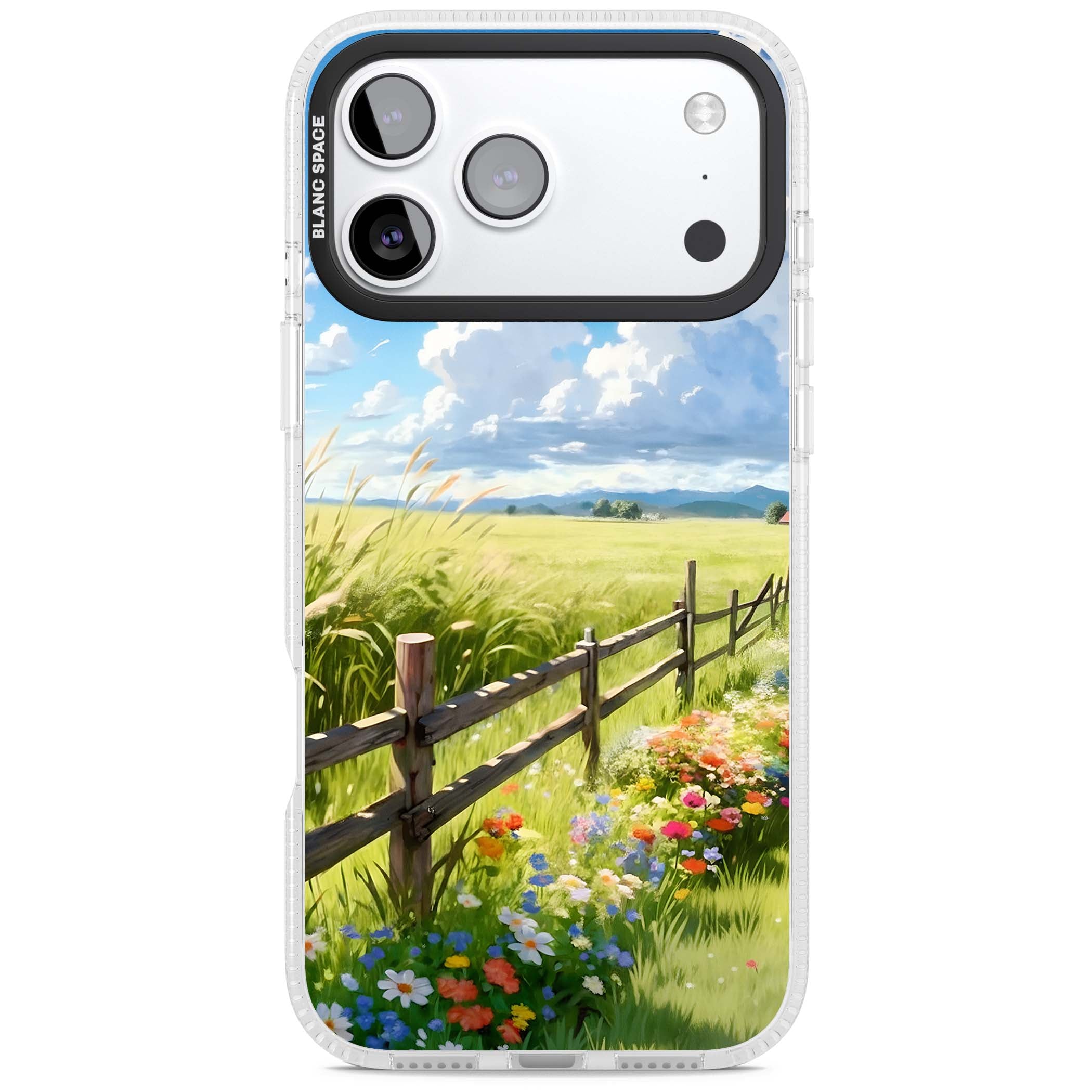 A Countryside Afternoon cottagecore iPhone case featuring a painted countryside meadow, wooden fence, and wildflowers beneath | Clear Case Impact Air case for iPhone 17 Pro, iPhone 17 Pro Max
