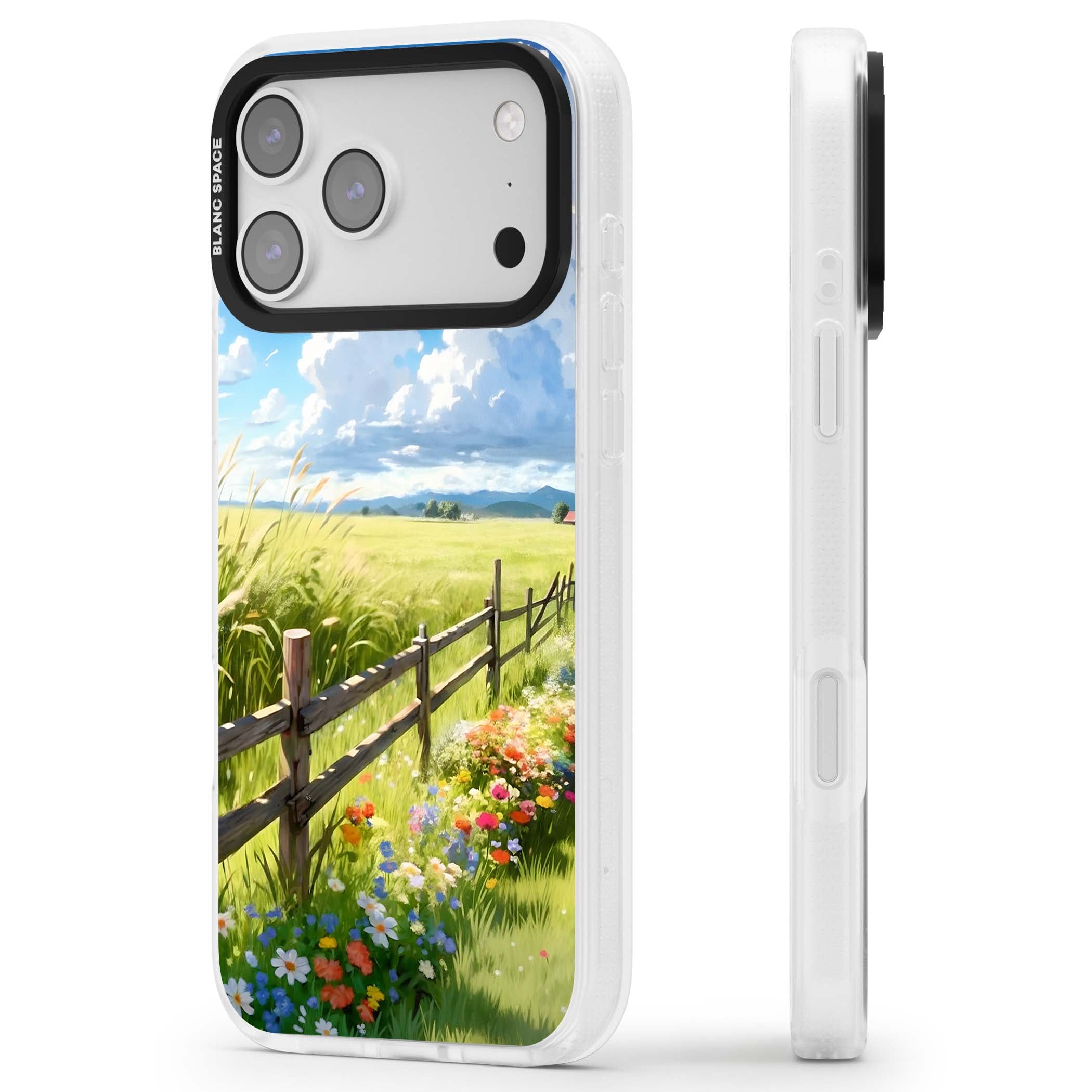 A Countryside Afternoon cottagecore iPhone case featuring a painted countryside meadow, wooden fence, and wildflowers beneath | Clear Case Impact Air case for iPhone 17 Pro, iPhone 17 Pro Max