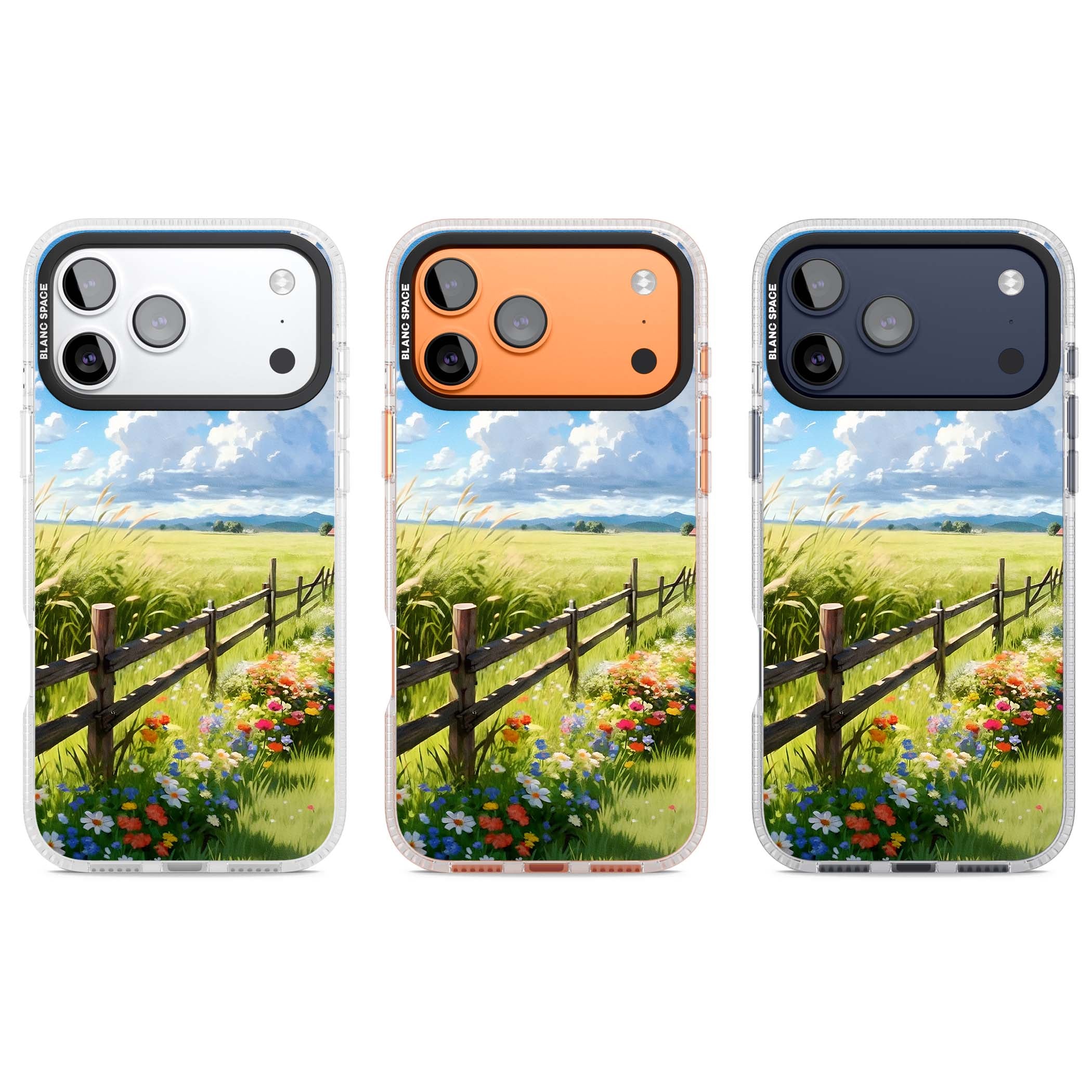A Countryside Afternoon cottagecore iPhone case featuring a painted countryside meadow, wooden fence, and wildflowers beneath | Clear Case Impact Air case for iPhone 17 Pro, iPhone 17 Pro Max
