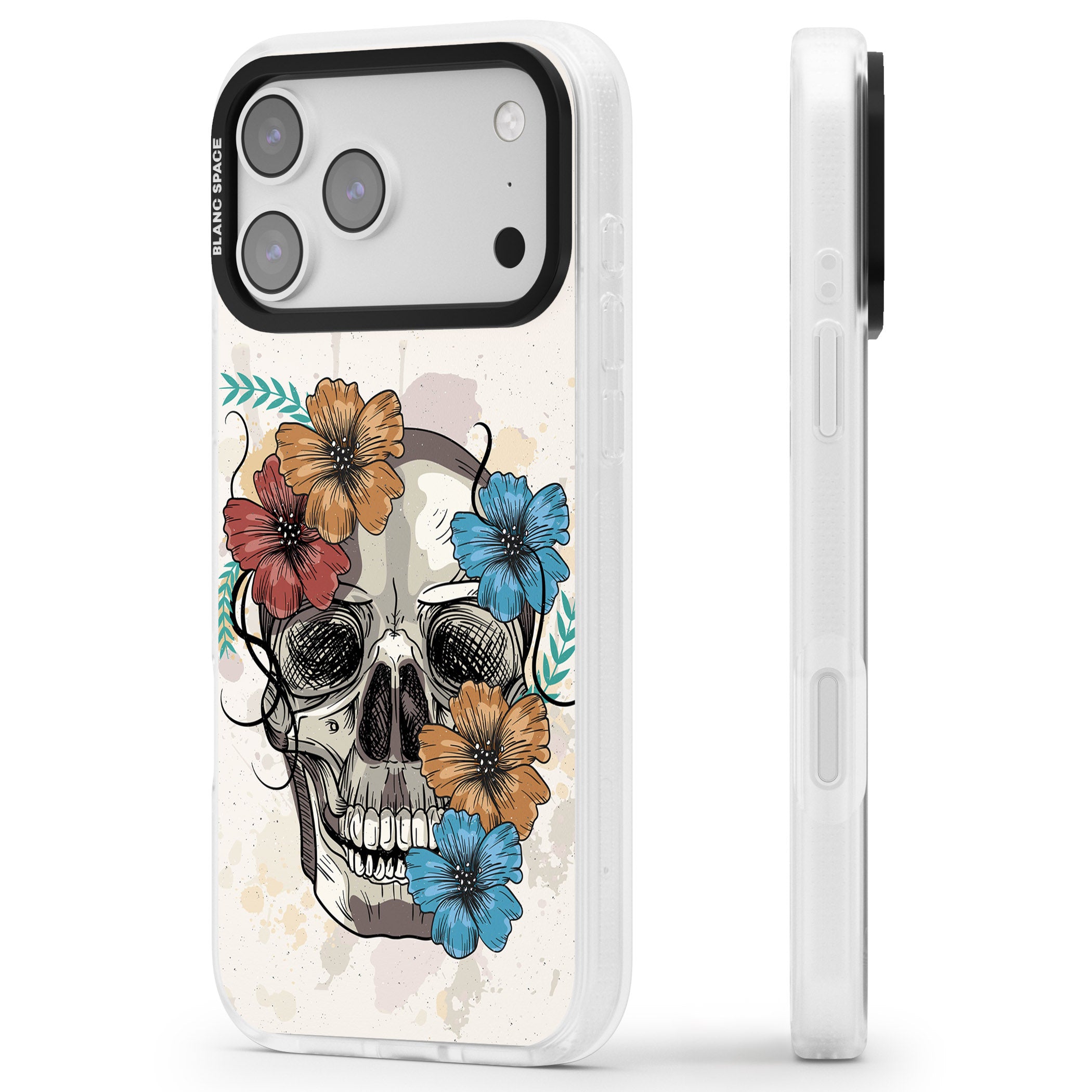 Sugar Skull Floral iPhone 17 Pro Impact Air Clear Phone Case Side Profile