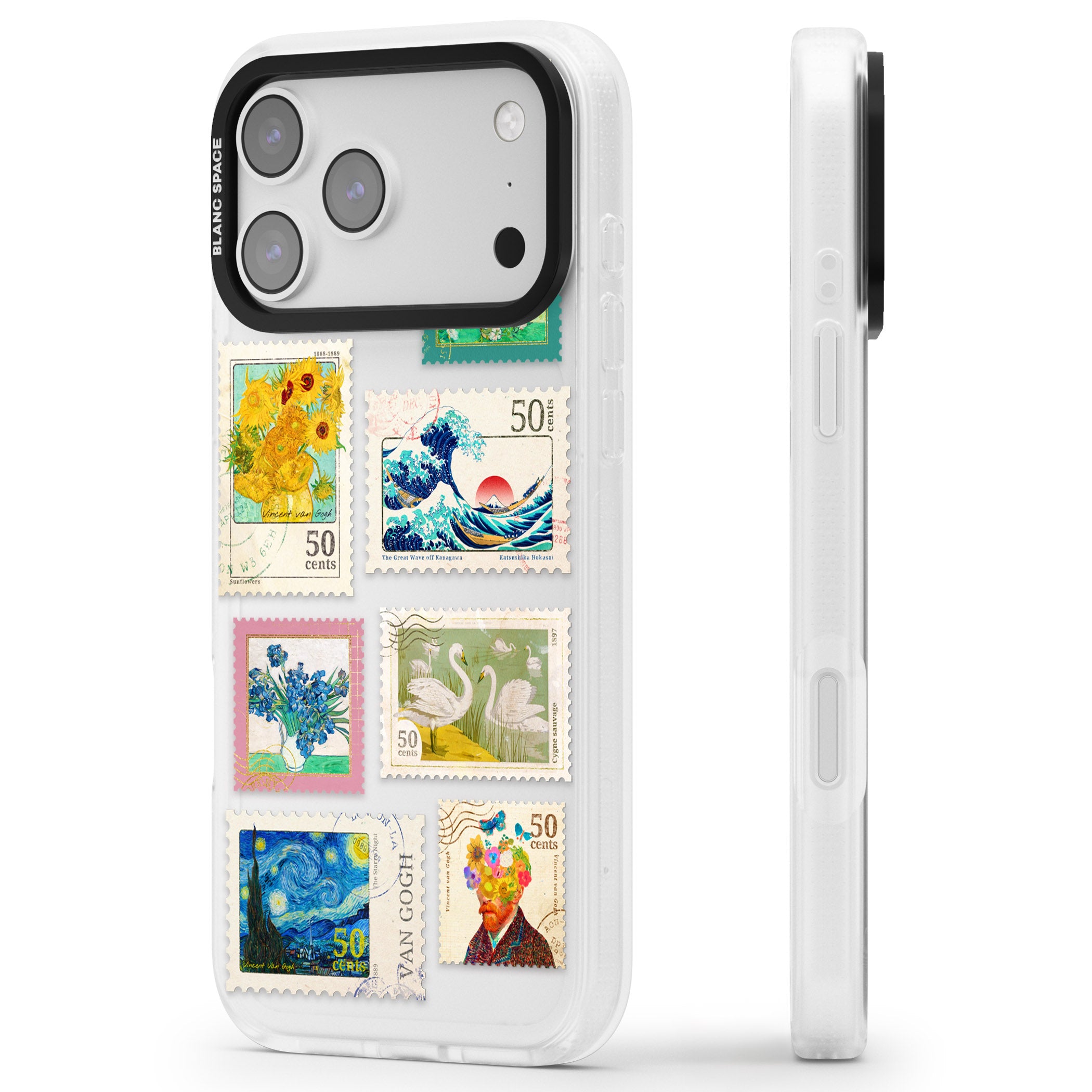 Vintage Art Stamps iPhone 17 Pro Impact Air Clear Phone Case Side Profile
