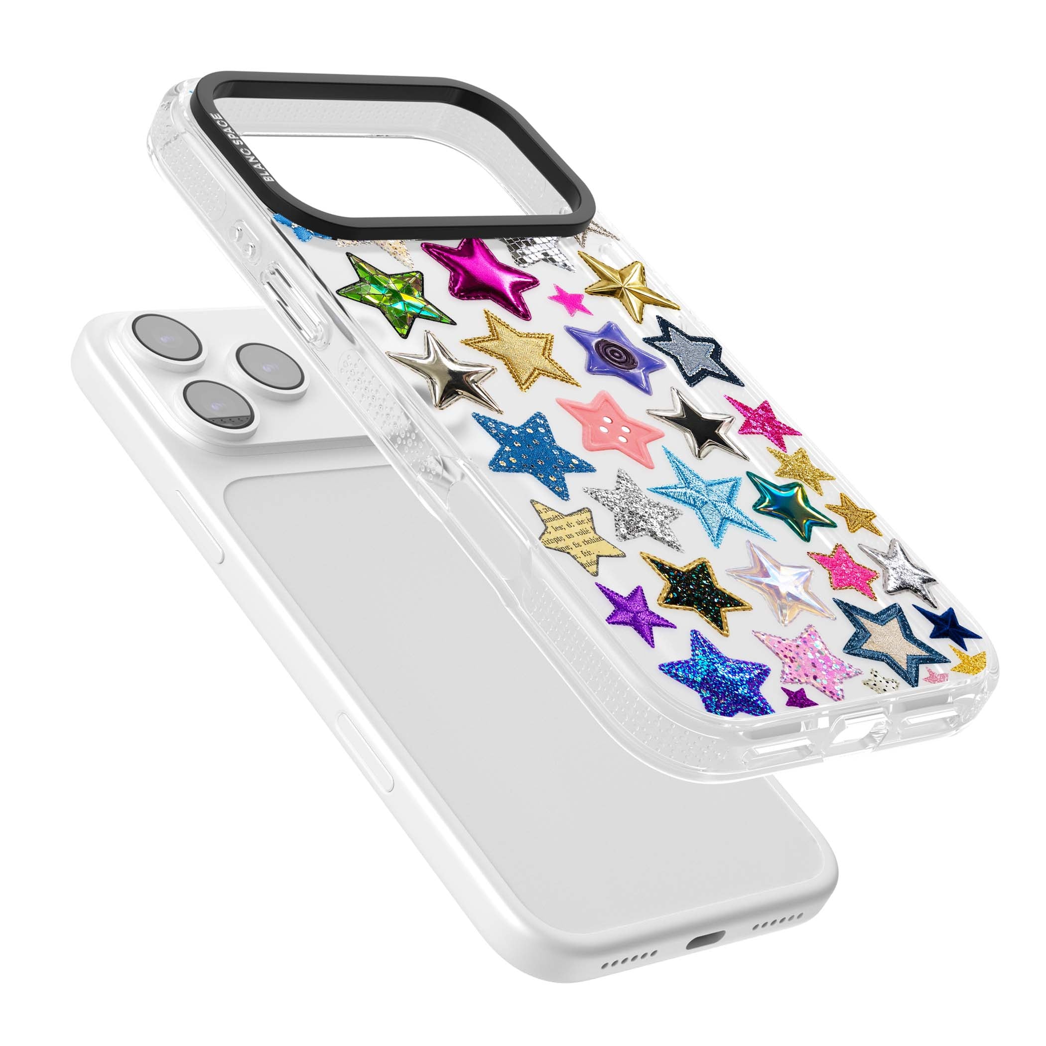 Crafty Star Mix Y2K iPhone case featuring embroidered, sequinned and glitter star patches in rainbow colours | Clear Case Impact Air case for iPhone 17 Pro, iPhone 17 Pro Max