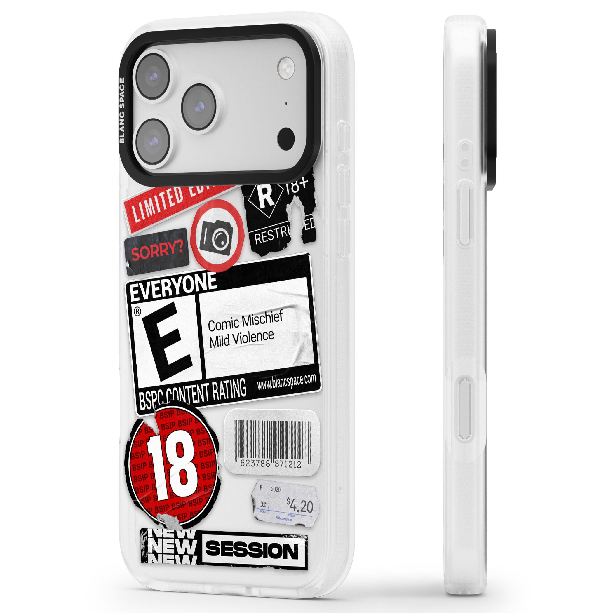 Rated 18+ Sticker Mix iPhone 17 Pro Impact Air Clear Phone Case Side Profile