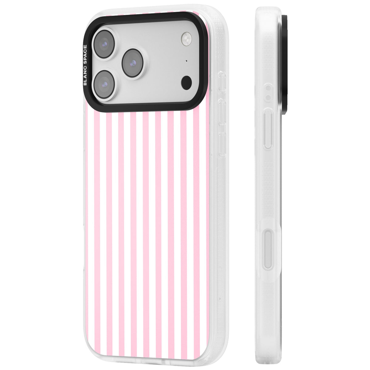 Pink Stripe preppy iPhone case featuring soft pastel pink and white vertical candy stripes iPhone 17 Pro Max Impact Air Phone Case side