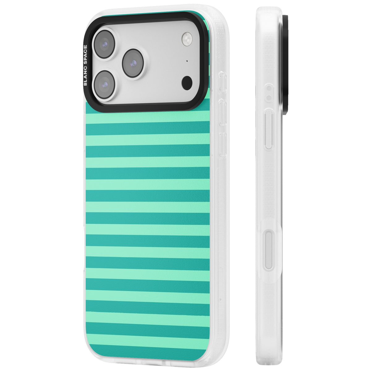 Turquoise Stripe preppy iPhone case featuring horizontal teal and mint green stripes on a black protective frame iPhone 17 Pro Max Impact Air Phone Case side