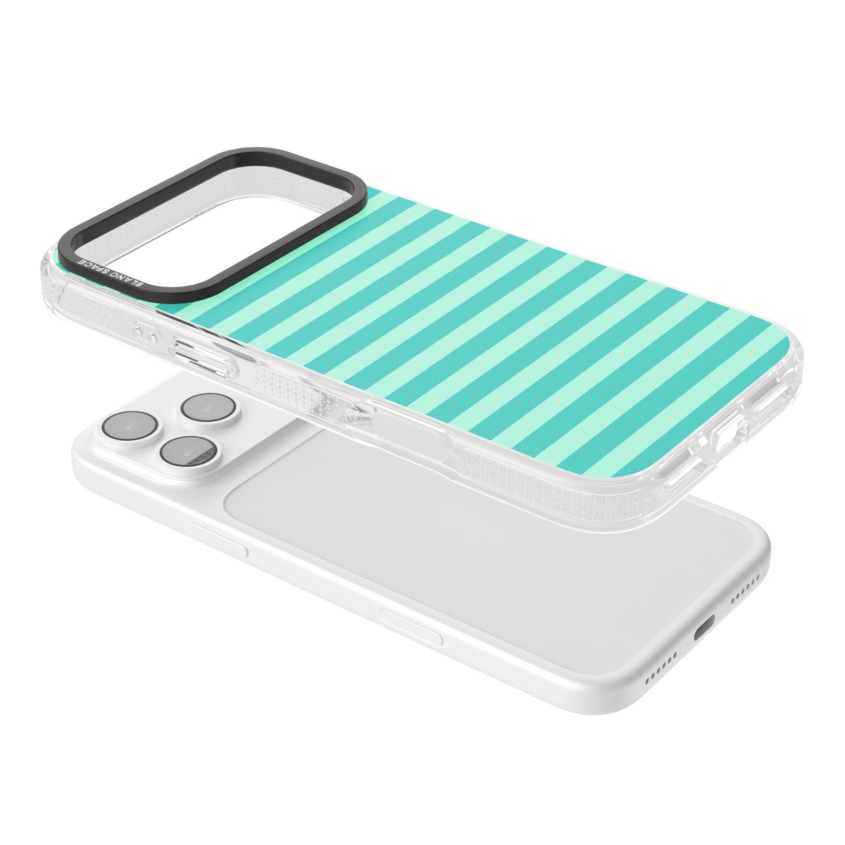 Turquoise Stripe preppy iPhone case featuring horizontal teal and mint green stripes on a black protective frame iPhone 17 Pro Max Impact Air Phone Case angled