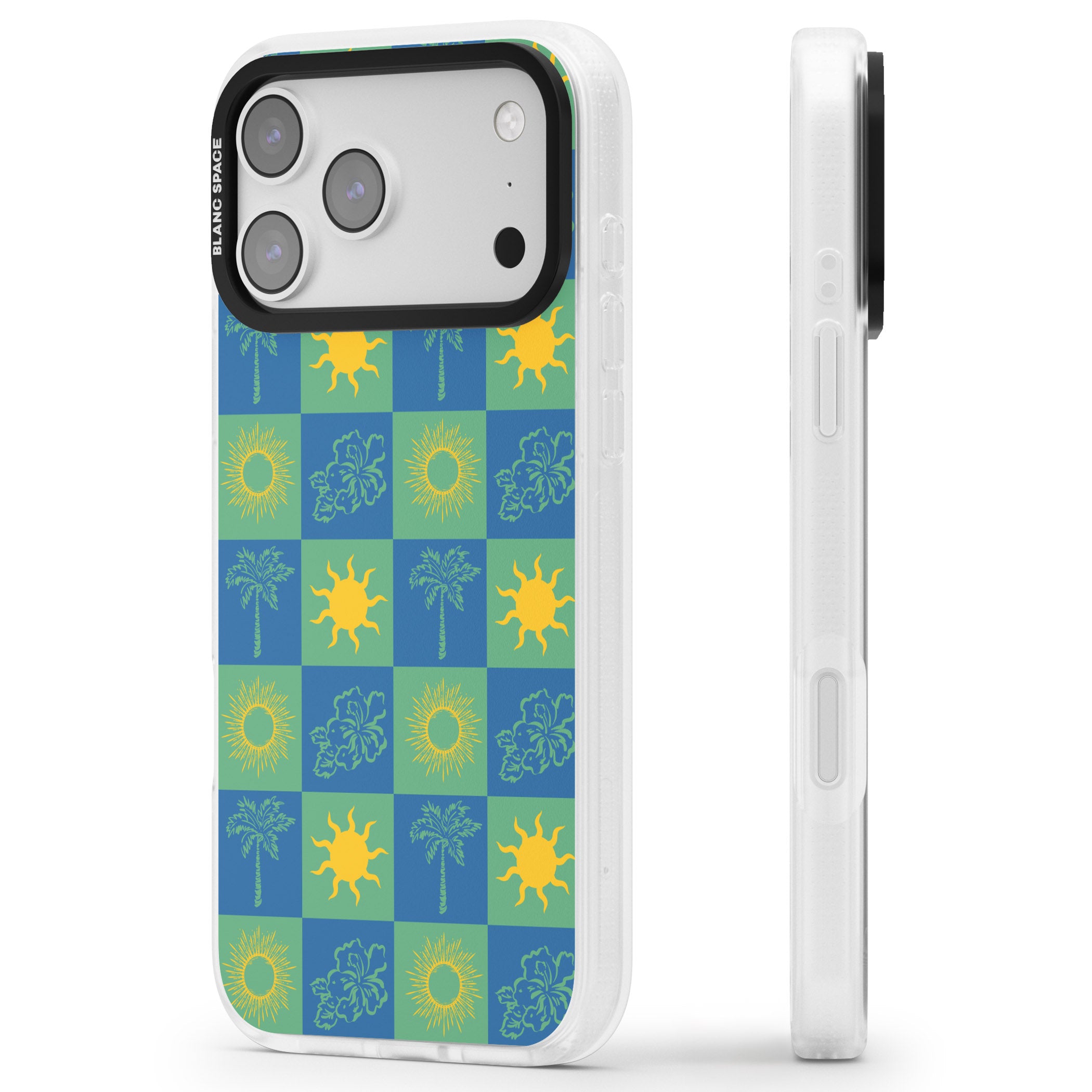 Green & Blue Tropical Checked iPhone 17 Pro Impact Air Clear Phone Case Side Profile