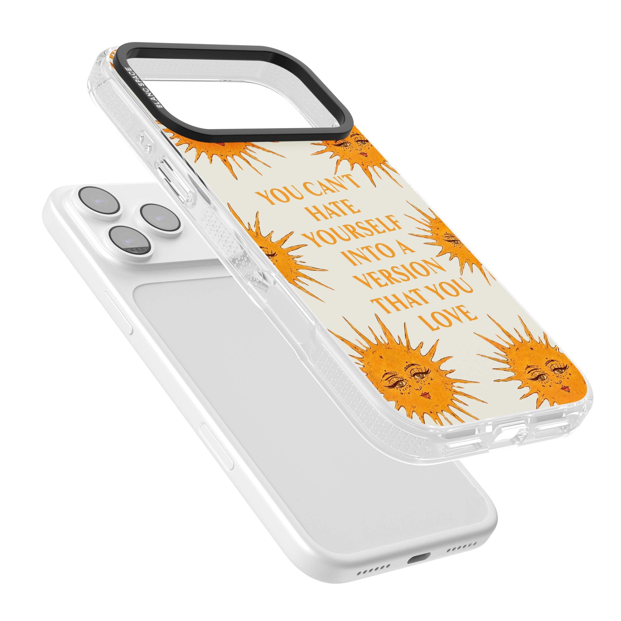 Don't Hate Yourself celestial iPhone case featuring vintage sun faces, ochre rays and a self-love quote | Clear Case Impact Air case for iPhone 17 Pro, iPhone 17 Pro Max