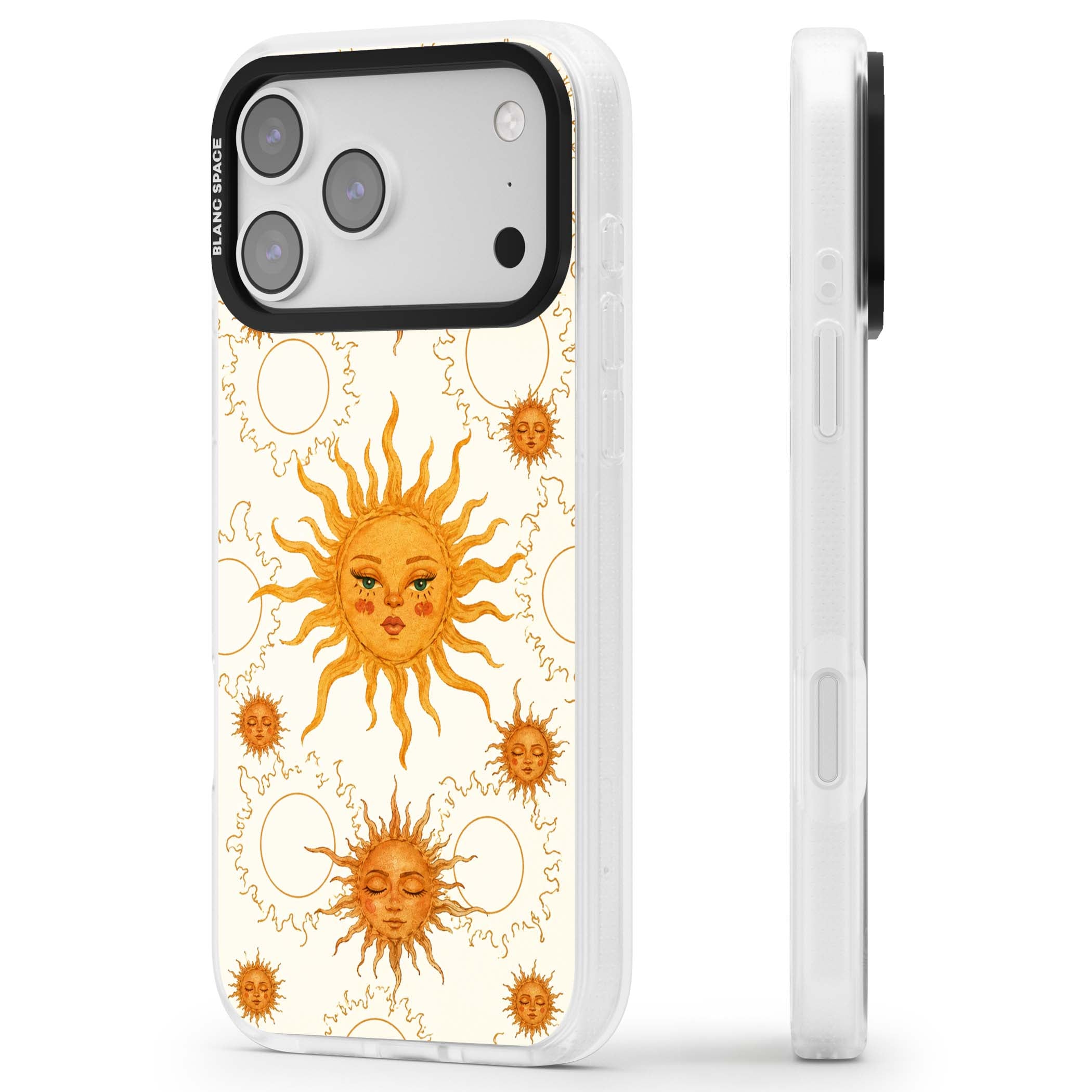 Solstice Muse celestial iPhone case featuring hand-painted golden sun faces, closed-eye sun goddesses and outlined moons... | Clear Case Impact Air case for iPhone 17 Pro, iPhone 17 Pro Max