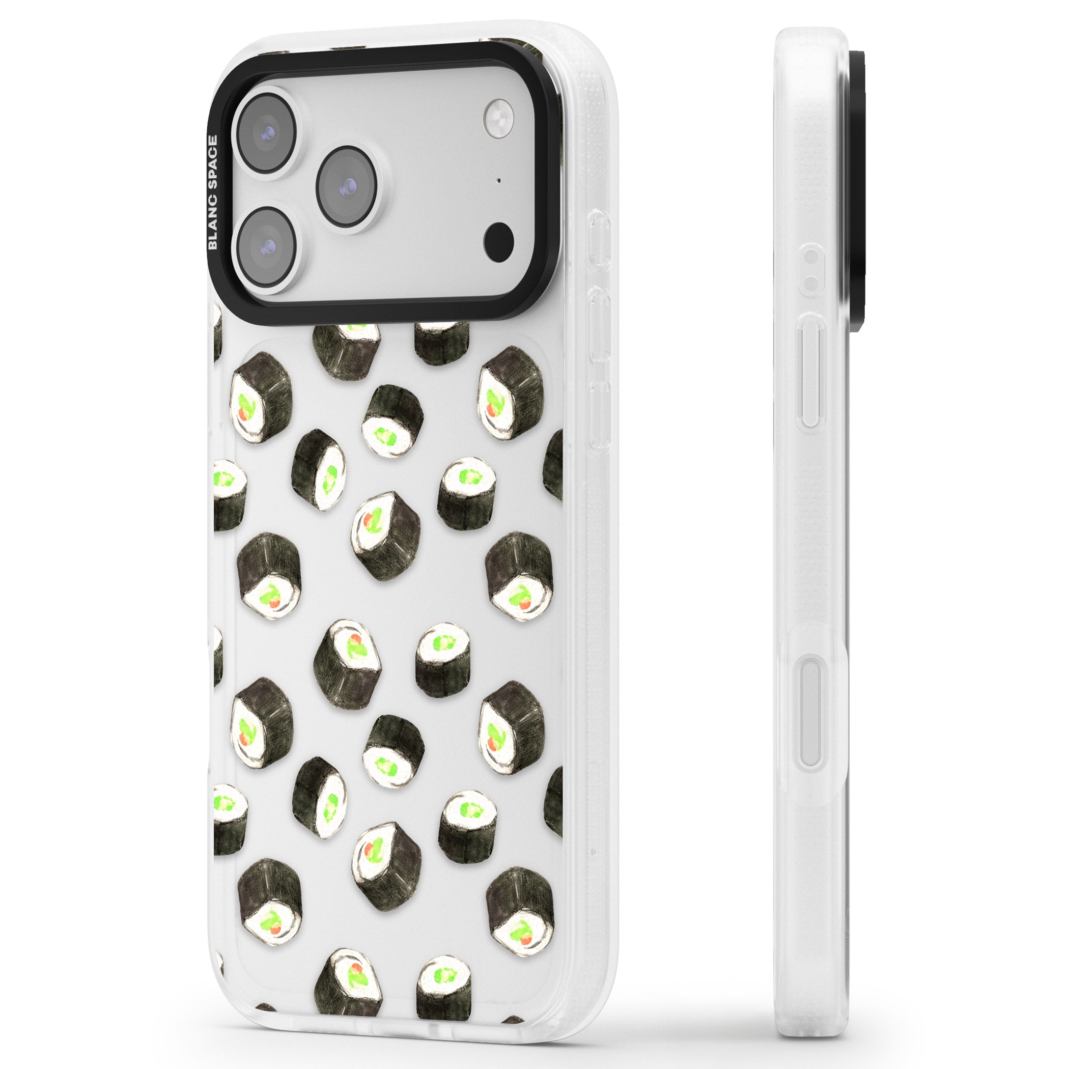 Sushi Pattern iPhone 17 Pro Impact Air Clear Phone Case Side Profile