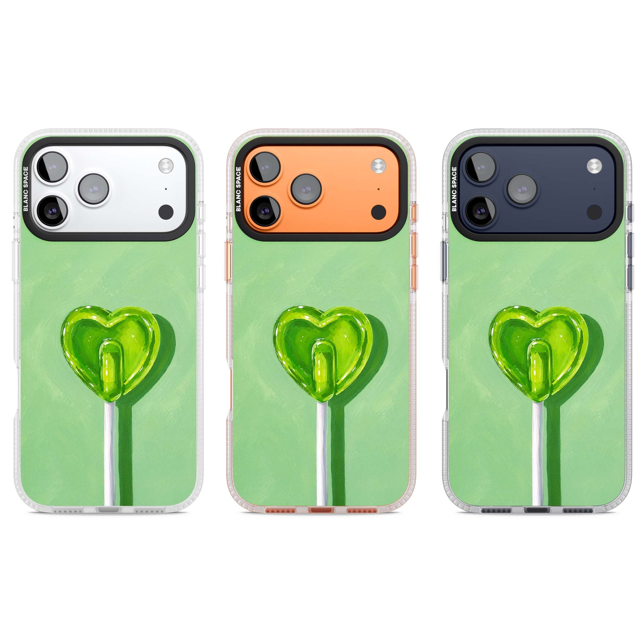 Green Lollipop candy art iPhone case featuring a glossy green heart-shaped lollipop on a painted pastel green background | Clear Case Impact Air case for iPhone 17 Pro, iPhone 17 Pro Max