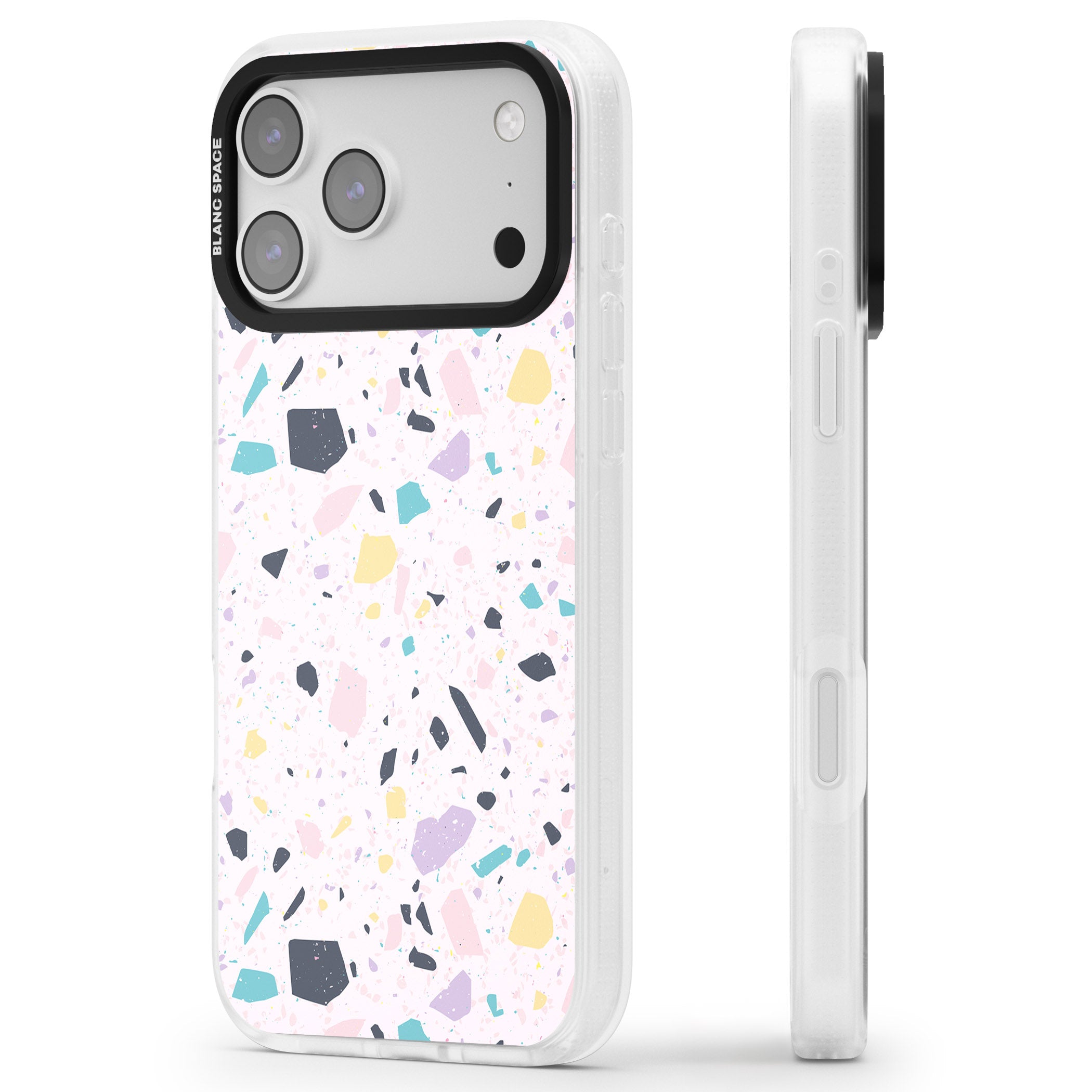 Pink, Purple & Turquoise Terrazzo Pattern iPhone 17 Pro Impact Air Clear Phone Case Side Profile